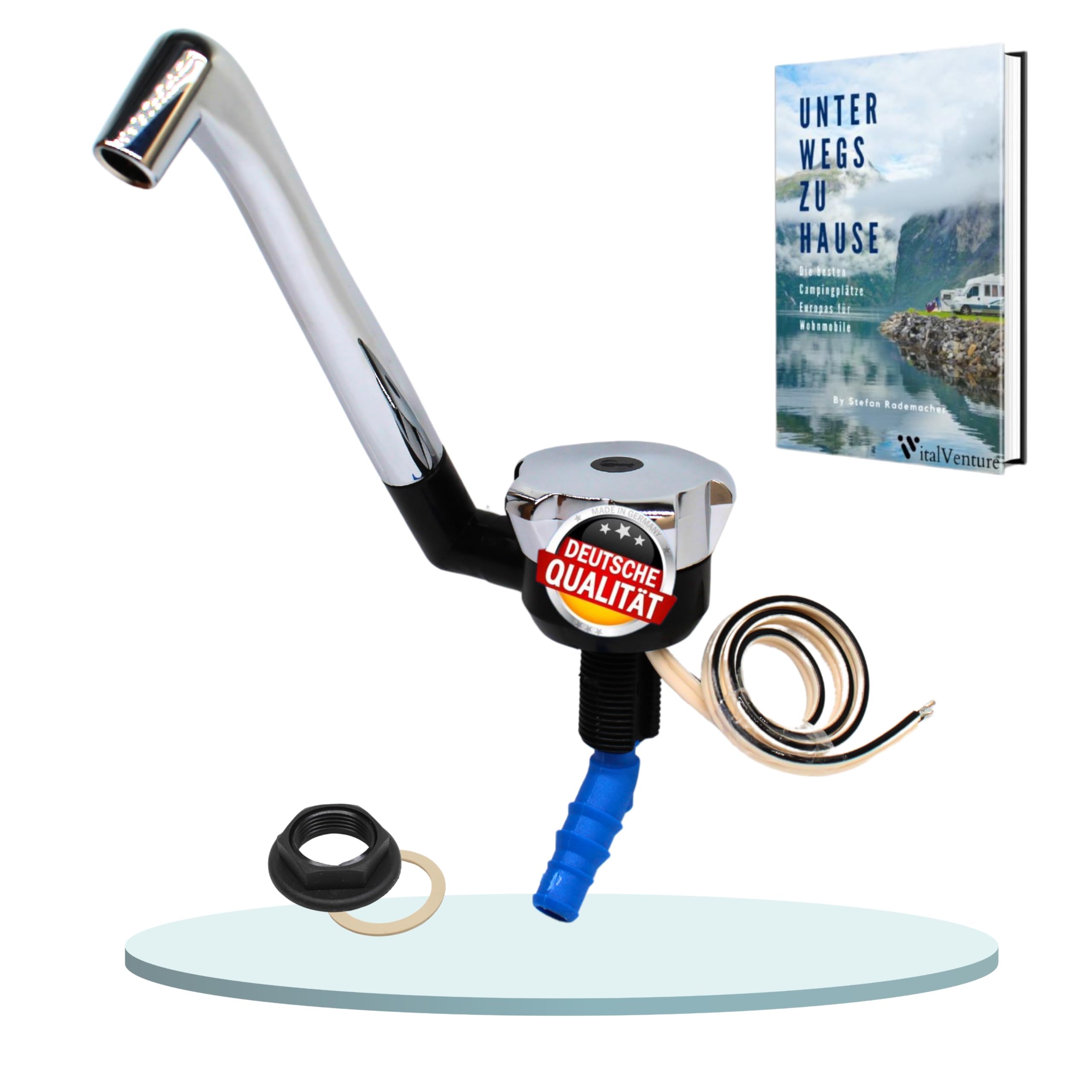 Comet Wasserhahn NOVO 12v für Wohnmobil - Mit 10 mm Anschluss (kalt), Schwarz/Chrom, Kompakter Camping Wasserhahn Mit Pumpe geeignet, Ideal Für Waschbecken Wohnmobil, wasserhahn wohnmobil