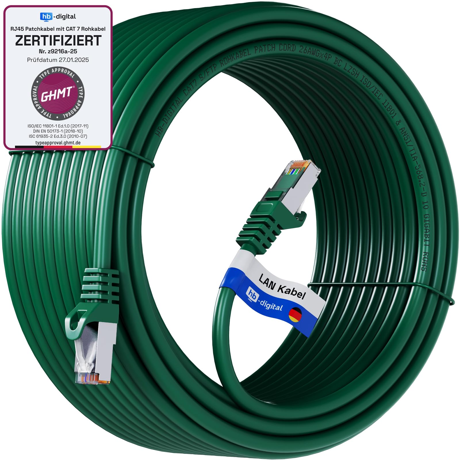 HB-DIGITAL 50m LAN Kabel CAT 7 Rohkabel RJ45 S/FTP Netzwerkkabel Ethernet Patchkabel bis zu 10 Gbps 600 MHz Kupfer Profi PiMF Kupfer für Patchpanel Switch Router Modem - Grün