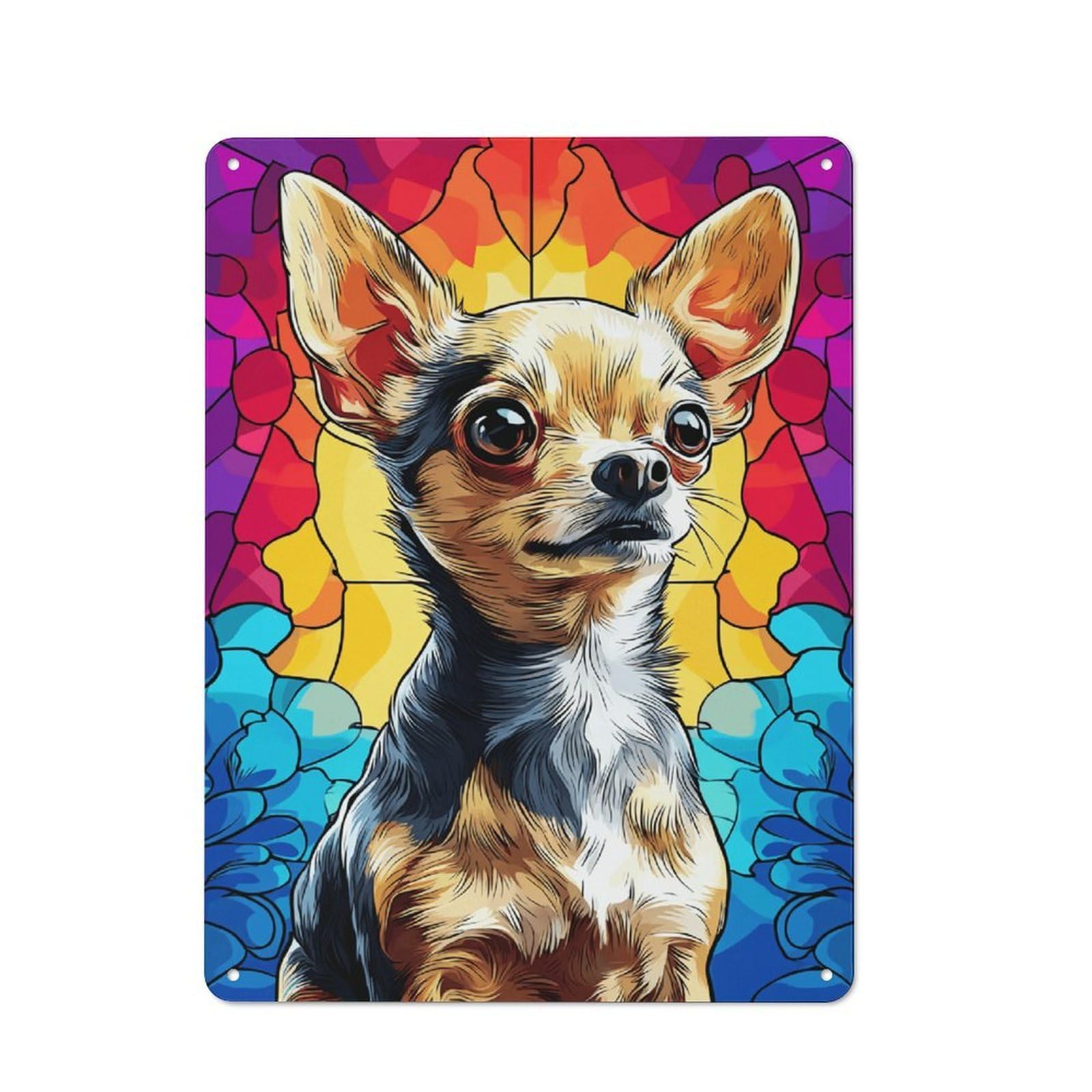 Junmoney Stained Glass Chihuahua Portrait -2 Office Metal Sign With Design 40X30cm, Classic Study Room Decor For Office, Study, Studio Or Hallway
