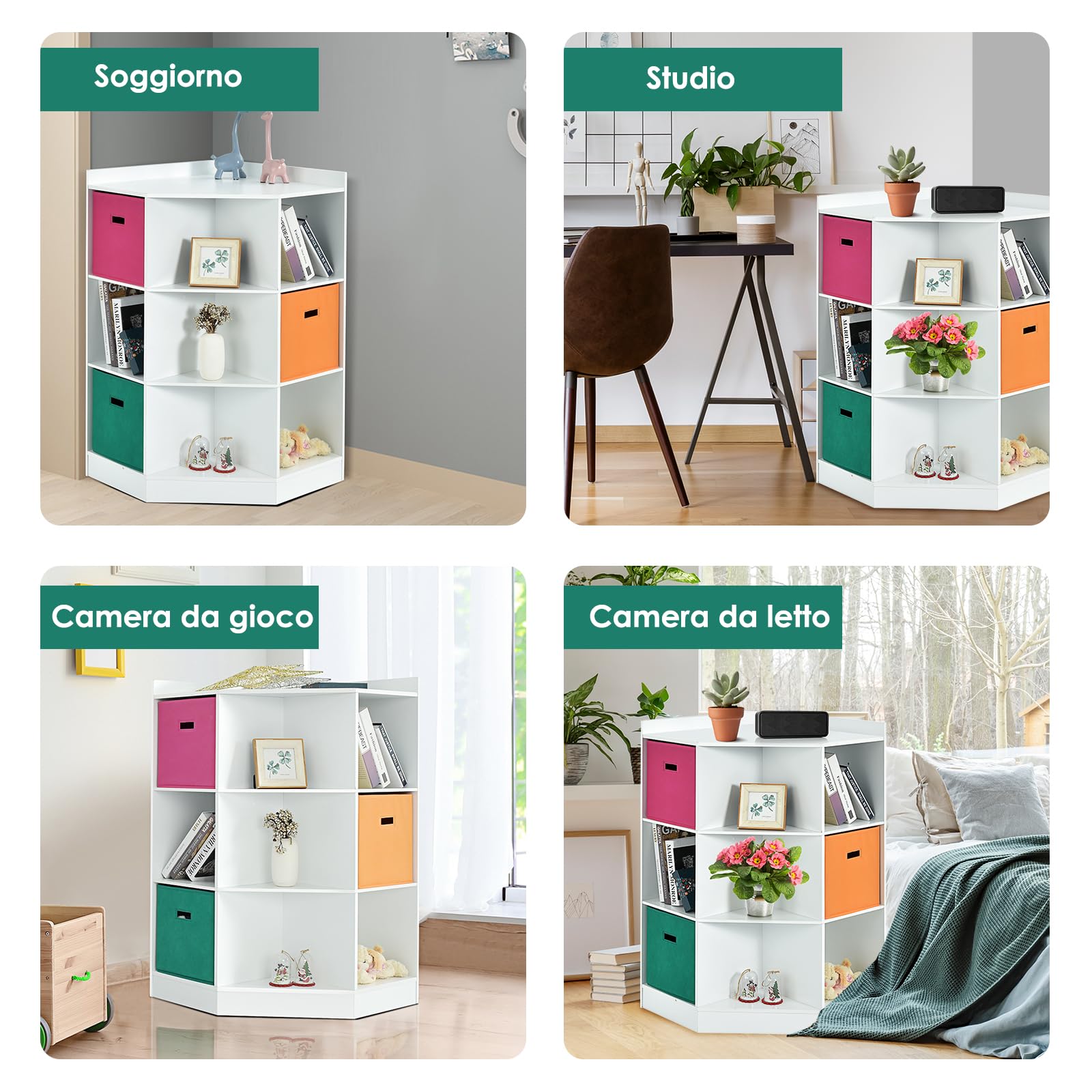 GYMAX Armadio Angolare con 9 Scomparti e 3 Cassetti in Stoffa, MDF, Design Salvaspazio, Aspetto Elegante, Facile Montaggio, Mobile di Servizio per Soggiorno, Studio e Cameretta