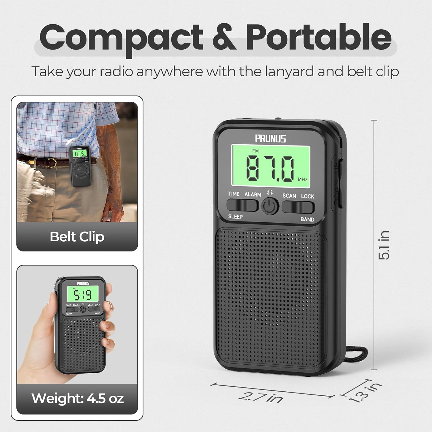 Two images showing the compact size of the PRUNUS J-128 radio: one with it clipped to a belt and another showing it held in a hand, along with its dimensions.