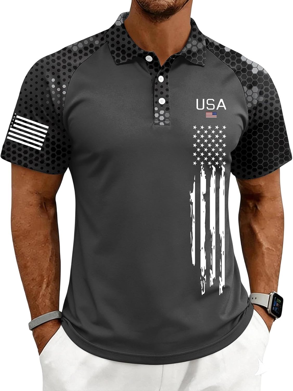 Ymosrh Men's Casual Polo Shirts Sleeve American Stars and Stripes Flag Print Performance Patriotic Golf Shirt Casual