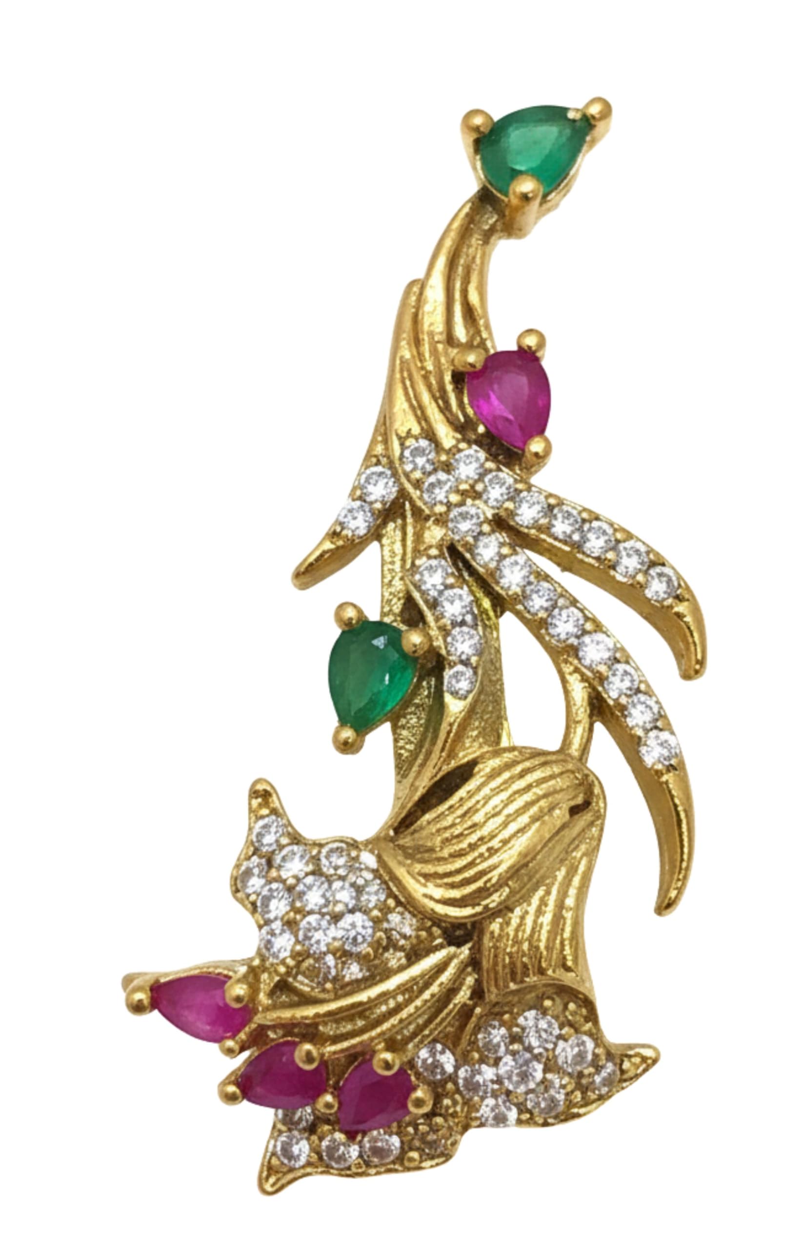 Elegant Floral Gold-Plated Saree Pin/Brooch for Women with Ruby & Emerald Stones-image-39