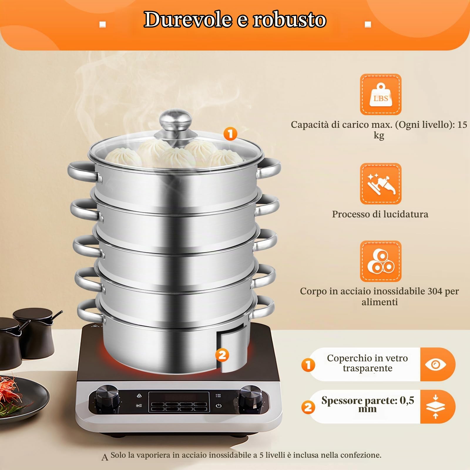 Cuocere a vapore a 5 strati, multifunzione, in acciaio inox, con coperchio in vetro, 26 cm, in acciaio inox, per tutti i piani cottura, come ad induzione, elettroceramica, elettrico