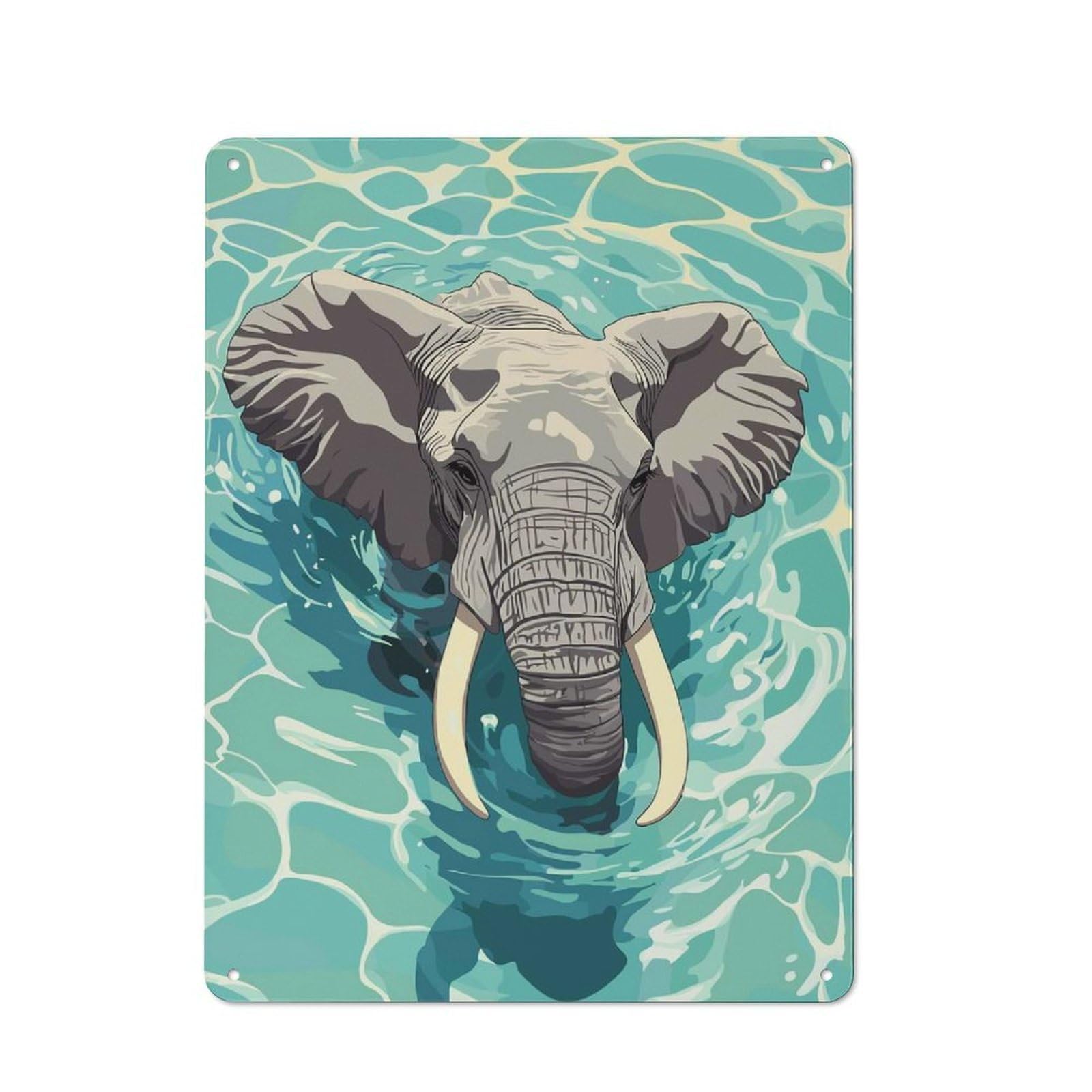 Junmoney Style-22 Elephant Swimming In Blue Water Everyday Metal Wall Decor 40X30cm, Decorative Tin Plaque For Flat, Dorm Room, Lounge Or Cafe