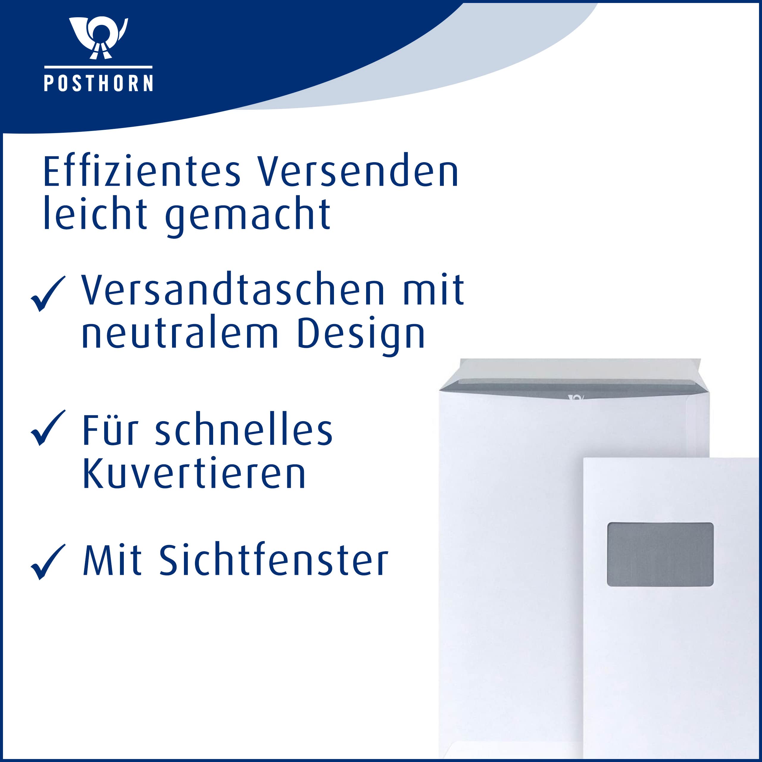 POSTHORN Versandtaschen C4 (250 Stück) 324 x 229 mm - Umschläge A4 90g/m² | Haftklebende A4 mit Fenster - Versandtasche C4 mit grauem Innendruck für Sichtschutz - Weiß