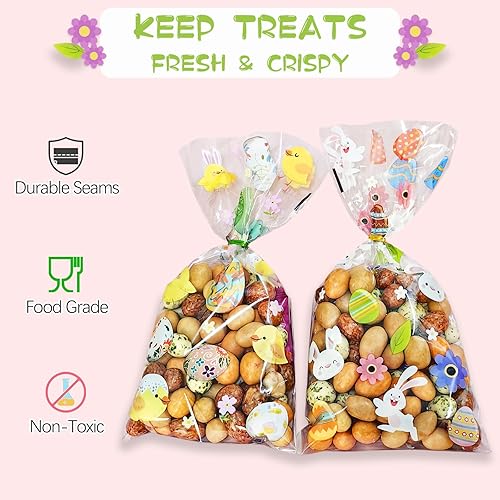 Miniatura 5 de QOIUSO 100 bolsas de regalo de Pascua bolsas de celofán de Pascua para galletas dulces, bolsas de regalo de Pascua transparentes con lazos