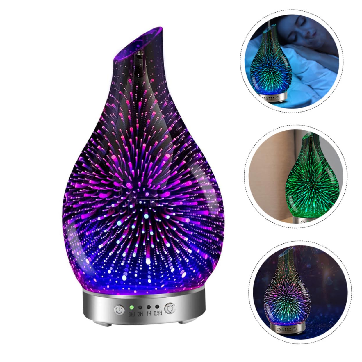 Difusor Humidificador de Vidrio 3D Púrpura Luz Cambiante | Capacidad Inferior a 1 L, Tecnología de Reducción de Ruido, Atomización Suave para Spa y Oficinas