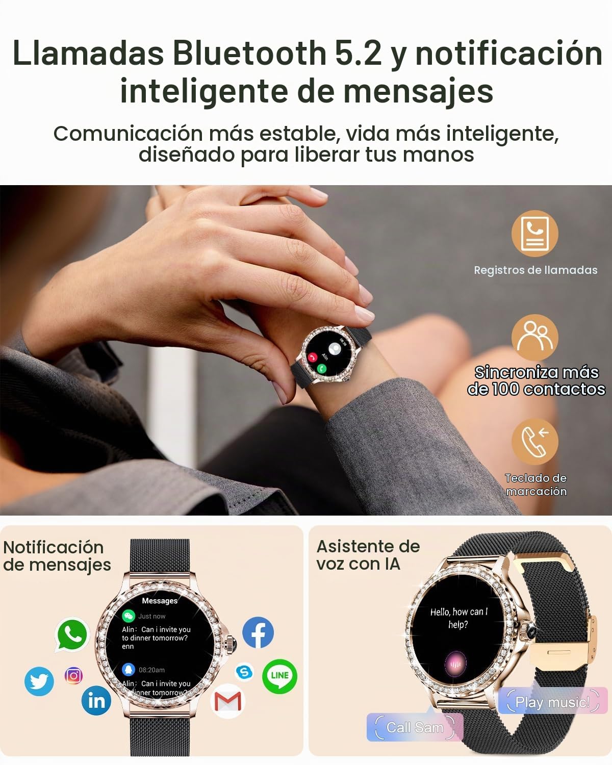 Reloj Inteligente Mujer con Llamadas, 1.3" HD Smartwatch Mujer Redondo con 2 Correas, Función Femenina, Monitor Sueño, SpO2, Caloría, Pulsómetro, IP68 Relojes Inteligentes para Android iOS, Negro