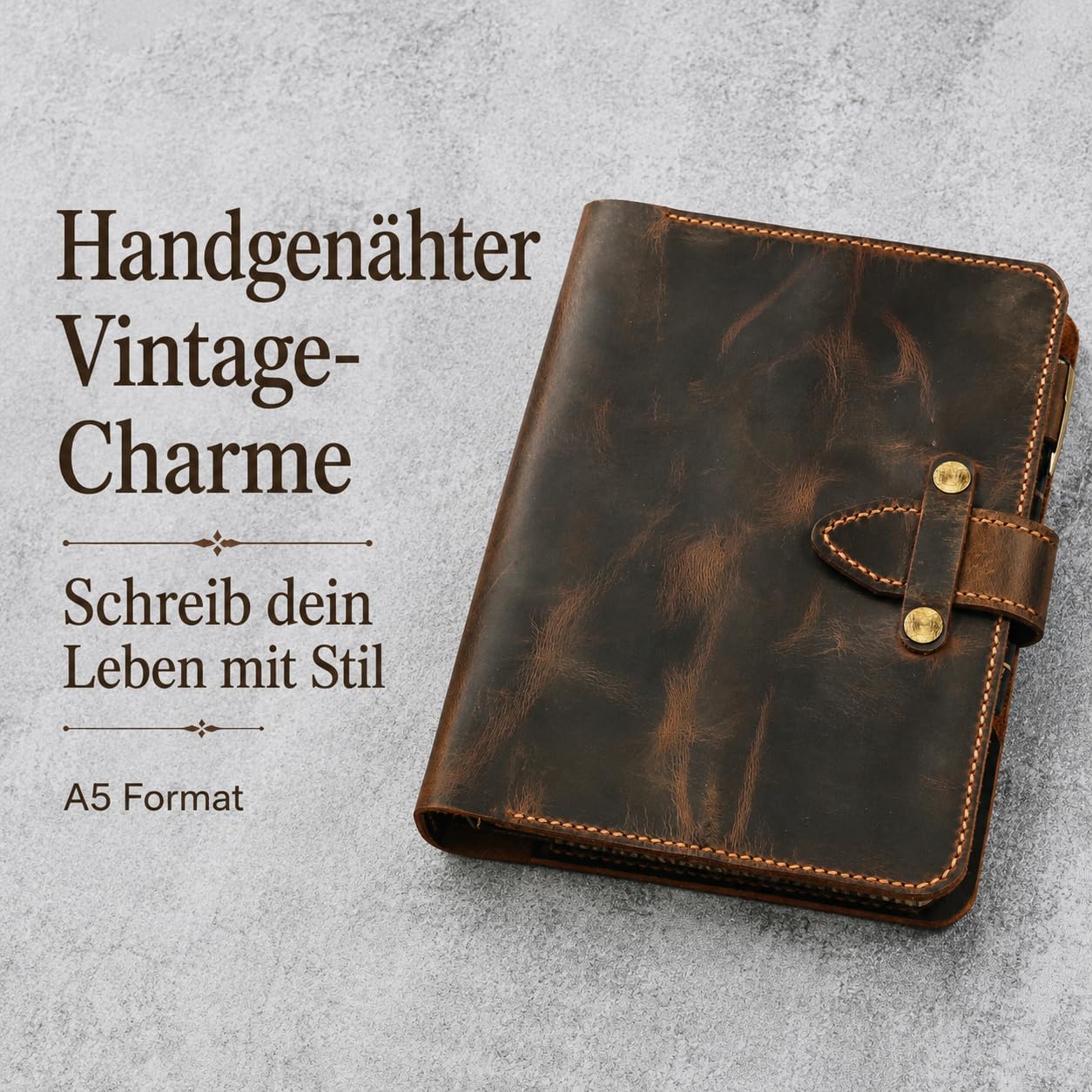 A5 Leder Organizer mit 6-Ring-Mechanik, nachfüllbares Reisetagebuch aus Vollnarben-Büffelleder, handgenähter Vintage Journal Binder mit 80 Blatt liniertem Papier, PVC-Hüllen, Kartenfächern und Reißver