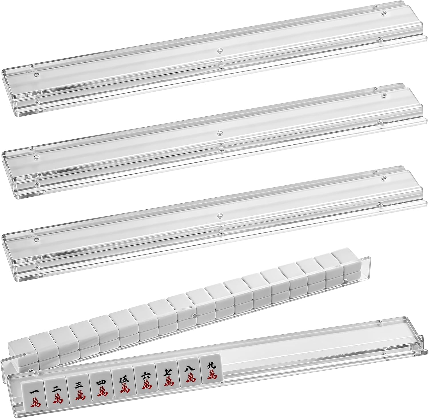 4PCS Clear Acrylic Mahjong Racks with Magnetic Pushers, 17.5-Inch Tile Racks and Pushers Set with Silicone Non-Slip Pads, Modern American Mahjong Accessories for Game Night (Clear, 17.5)