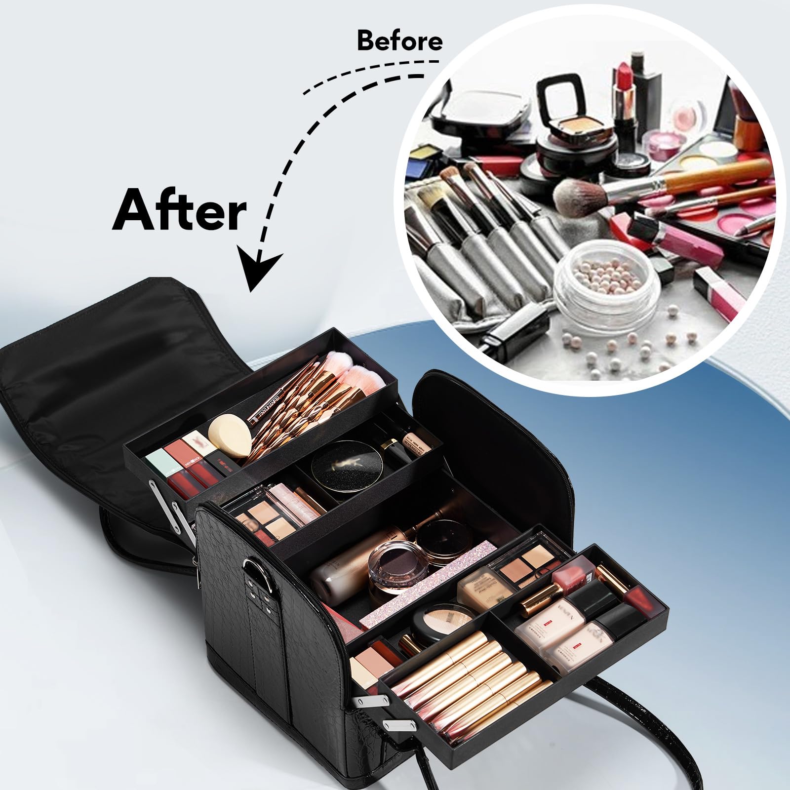 Joligrace Valigetta Trucchi Professionale Porta Trucchi Valigetta per Cosmetici Grande Borsa Cosmetici Trousse Make Up Organizer Beauty Case da Viaggio 30x 24,5 x 25,5 CM, Nero