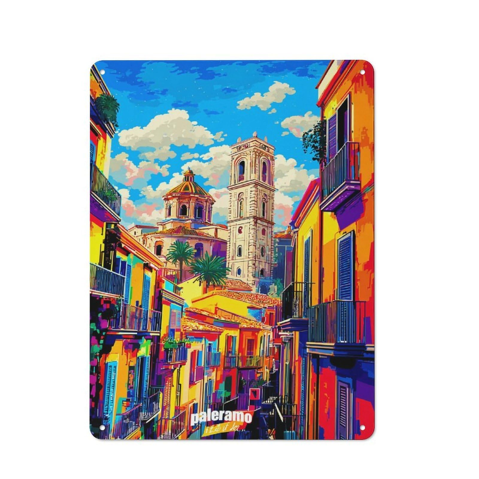 Palermo's Vibrant Streetscape Cottage Metal Wall Decor 40x30cm, Shed Metal Sign for Conservatory, Home Bar Or Utility Room