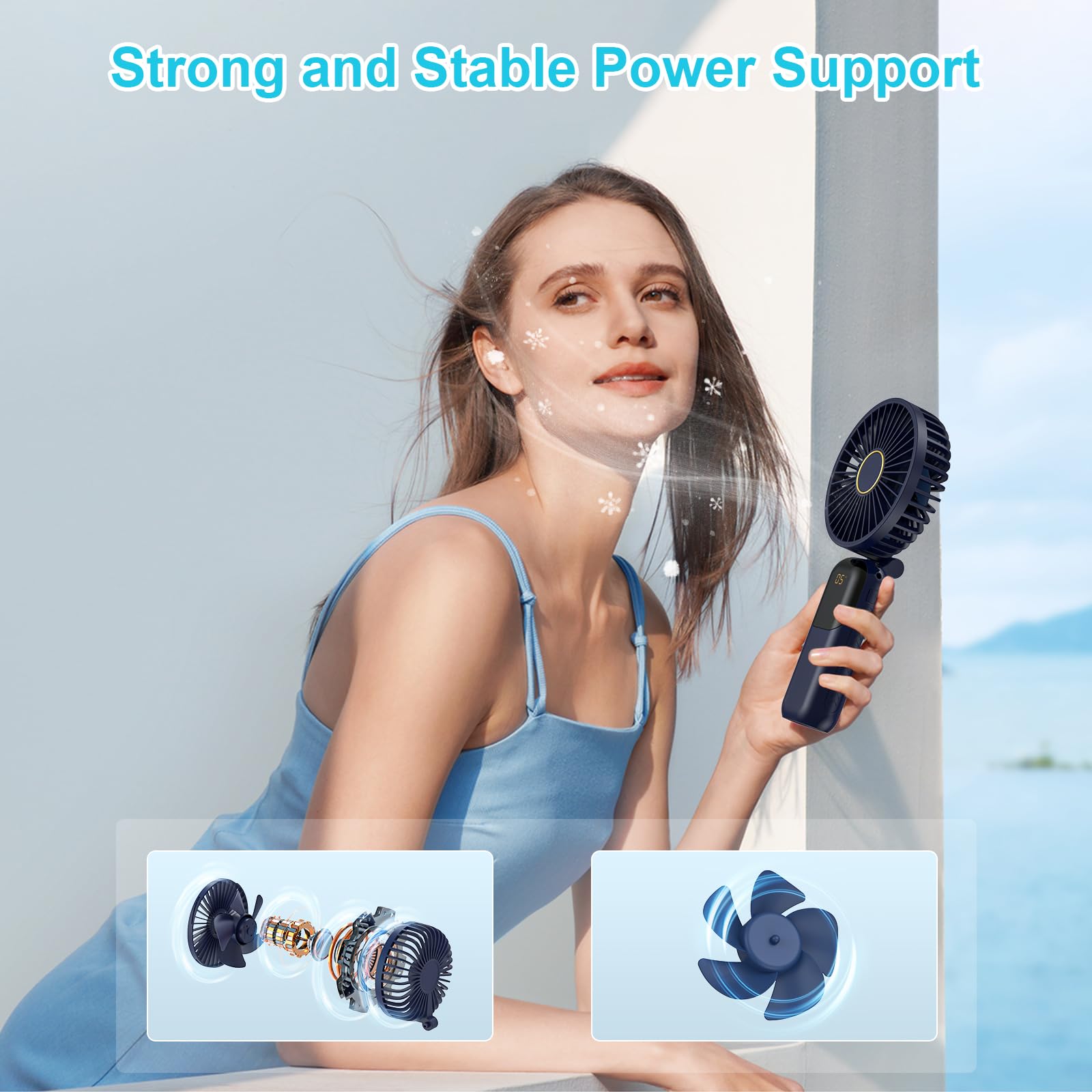 GIACOMO Mini Ventilatore Portatile,Ventilatore Portatile USB Ricaricabile，Ventilatore a Mano con 5 Livelli di Velocità, Batteria da 5000 mAh, Ventilatore Pieghevole per Ufficio, All'aperto（Blu）