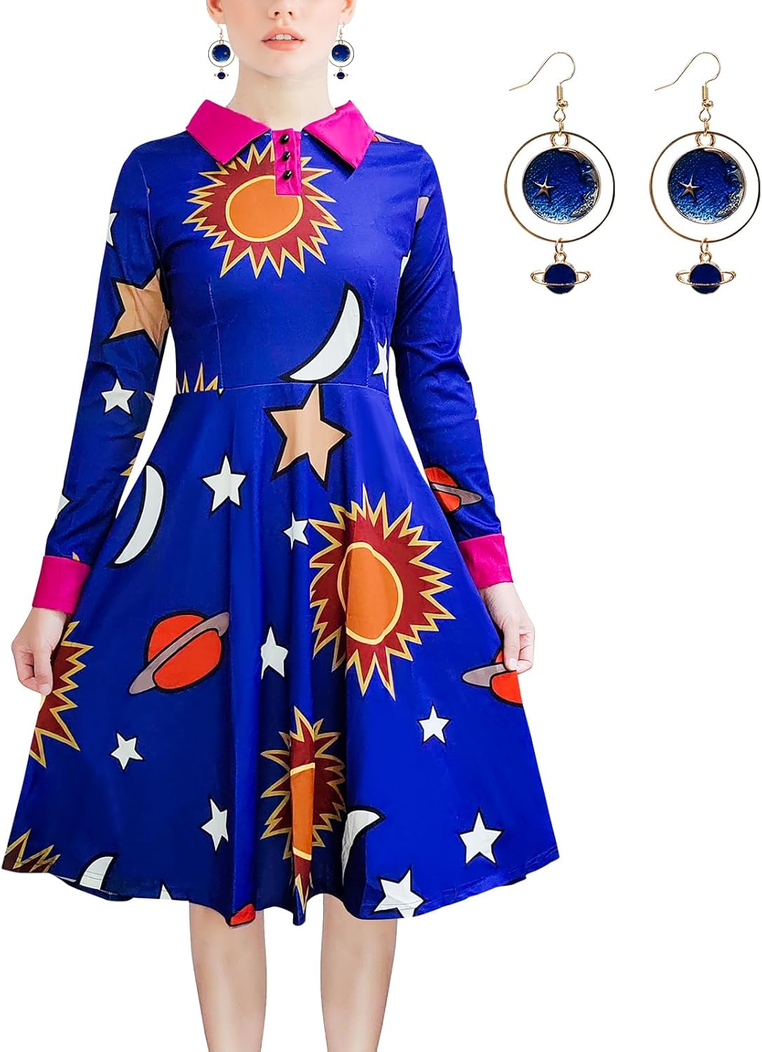 Halloween Women's Planets Stars Moon Solar System Dress Cosplay Costume A-Line Dress Dark Blue 3X-Large