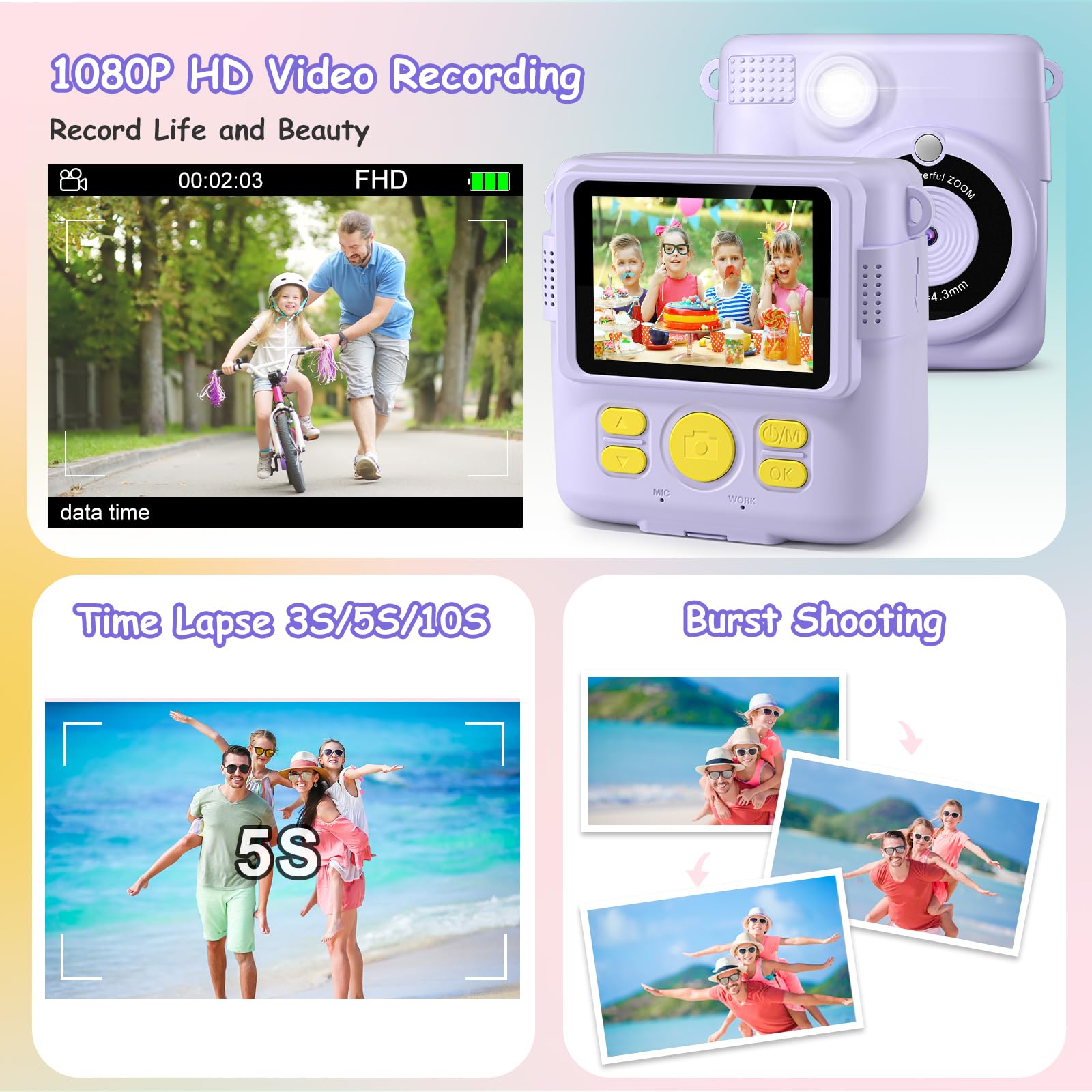 Macchina Fotografica Bambini Istantanea, GREENKINDER 2.4 Pollici/1080P Fotocamera Istantanea Bambini con 32GB Scheda e Carta da Stampa, Fotocamera Digitale Bambini per Ragazze Ragazzi da 3-12 Anni