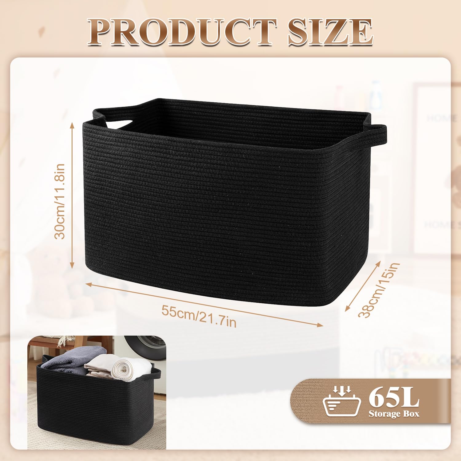 Esteopt Cesto portaoggetti pieghevole extra large da 65 l, con manici, in tessuto resistente, per giocattoli, coperte, vestiti stagionali, design pieghevole salvaspazio (55 x 38 x 30 cm) (nero)