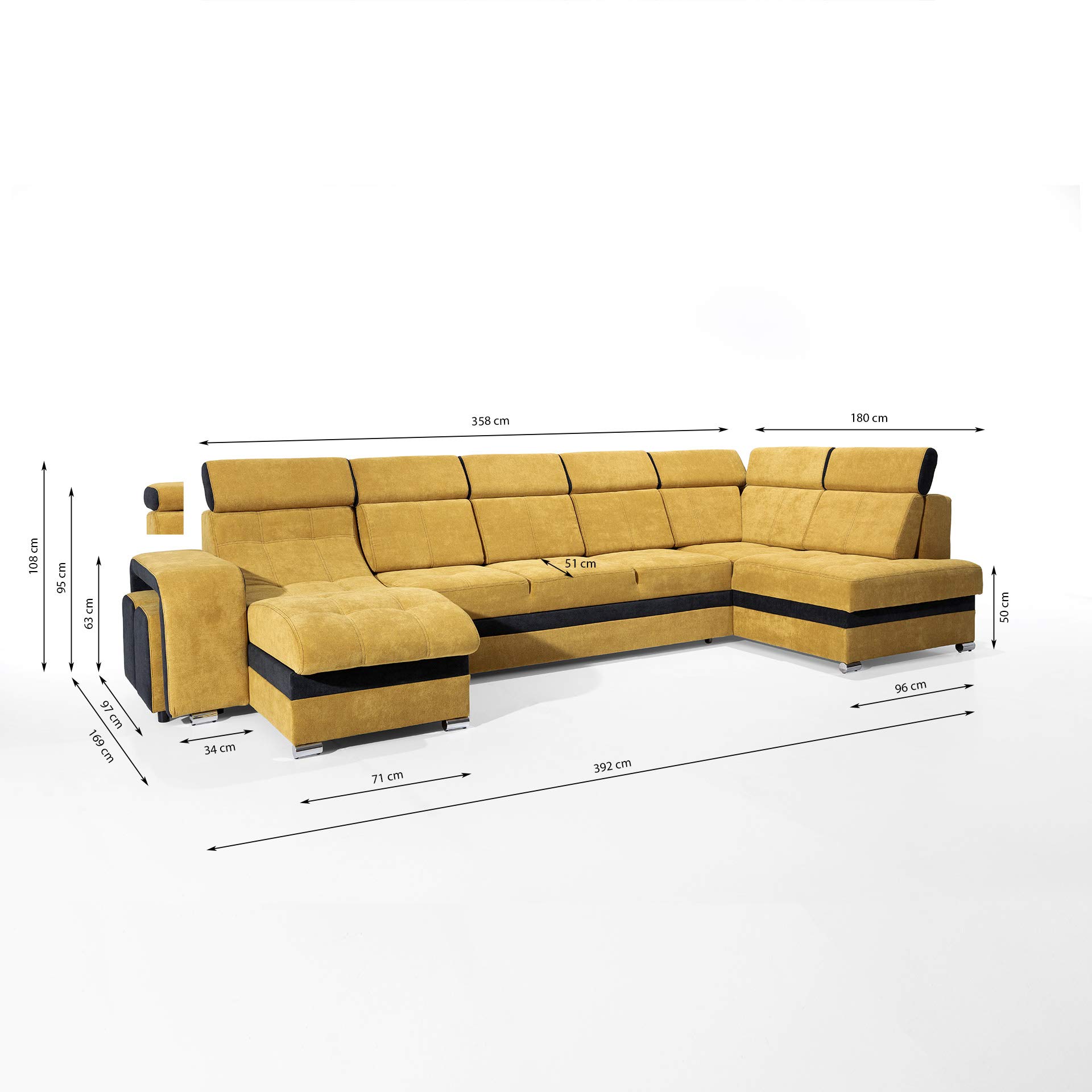 Robin Milan sofa narożna z funkcją spania, ze skrzynią na pościel i dwoma taboretami, wolnostojąca sofa narożna w kształcie litery U, sofa tapicerowana (szary/czarny)