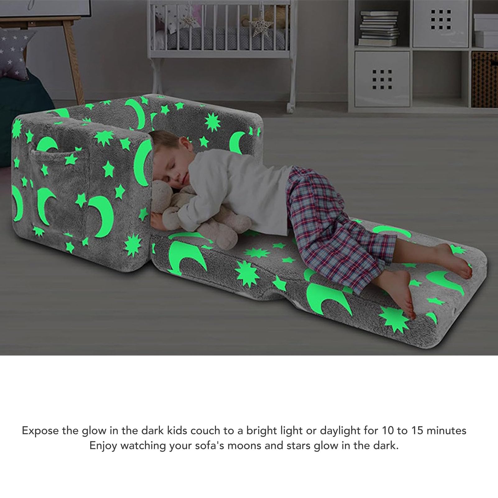 TOPINCN Kid Sofa Bed, 2 in 1Toddler Couch Armchair in The Dark Convertible Sofa to Lounger Sleeping Sofa with Star Moon Pattern for Home Babyroom Gray