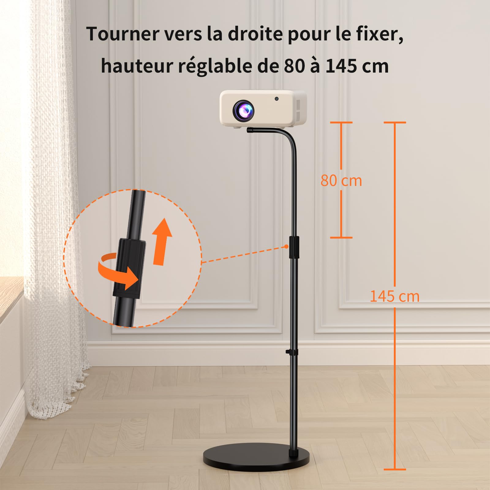 VISULAPEX Supporto per proiettore altezza regolabile 80-145 cm con rotazione a 360°, supporto proiettore da terra capacità di carico 10 kg, compatibile con proiettori, fotocamere e webcam