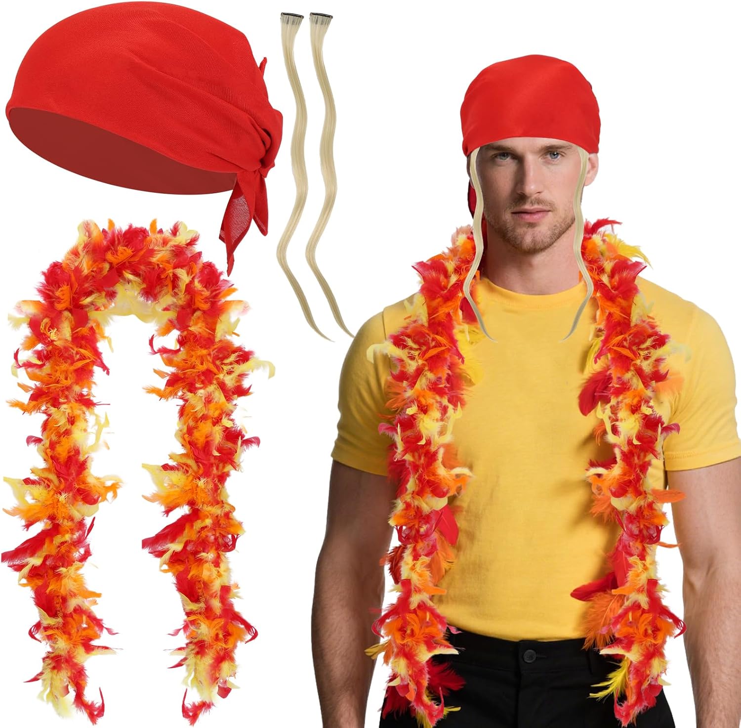 7 Pieces Halloween Costume Kit Includes Wig Pieces Feather Boa Fake Mustaches Bandana Tennis Wrist Sweatbands Glasses and Cross Necklace for Adult Halloween Cosplay Party - Image 3