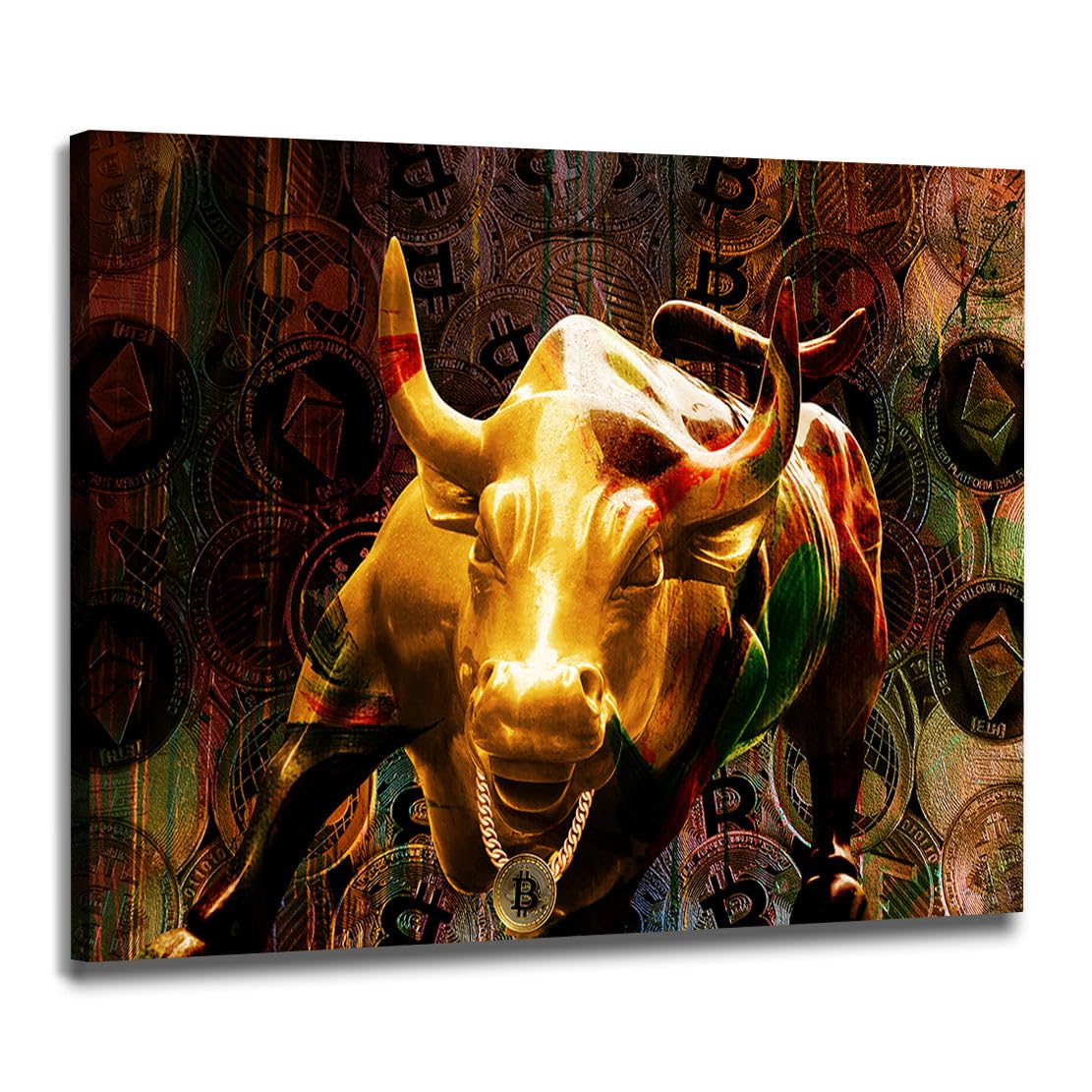 ARTEDinoi Börsenbulle Bulle Krypto Gold Leinwandbild Wandbild XL Deko | Börsenbulle, Trading