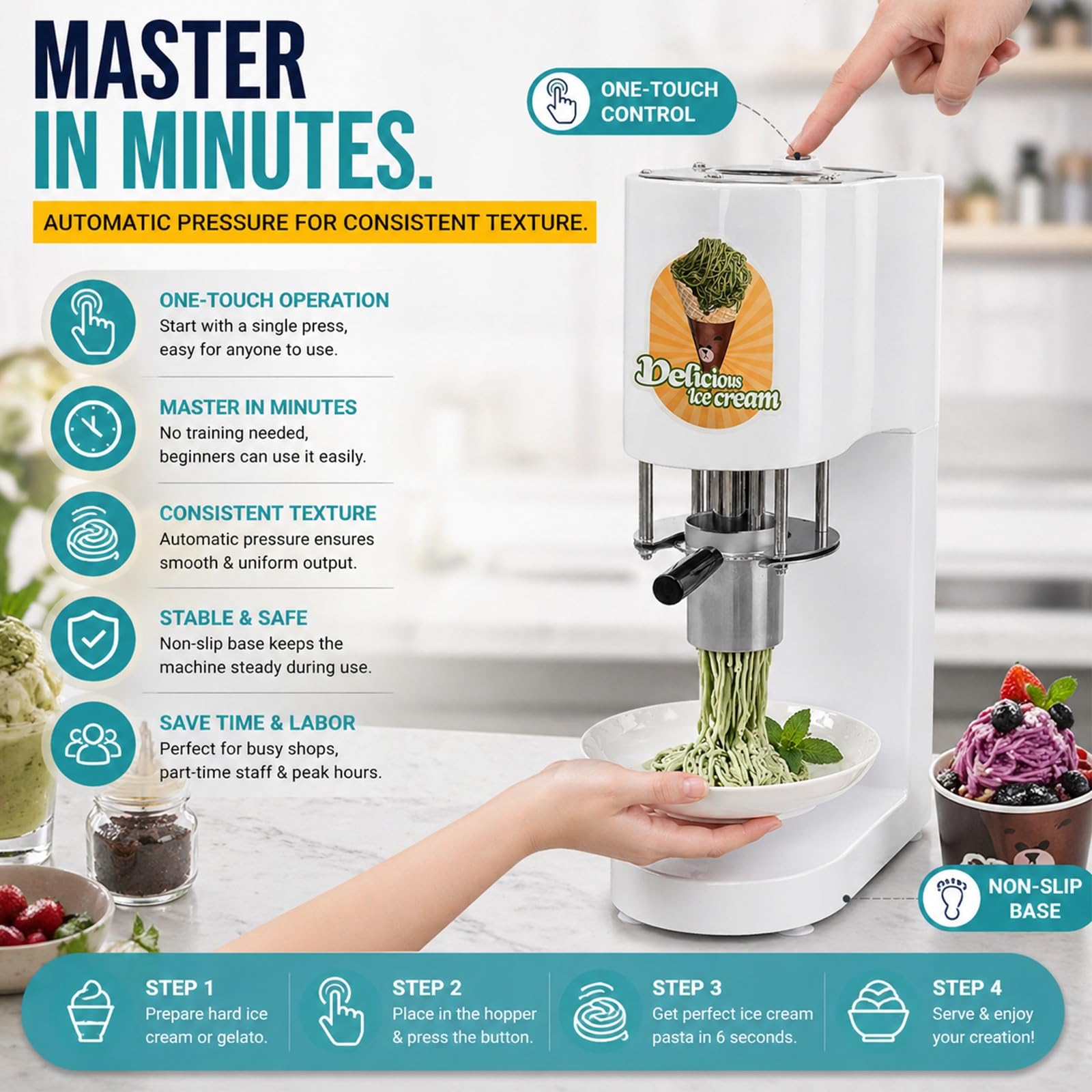 Machine à Glace Italienne Style Spaghetti, Presse à Crème Glacée Professionnelle avec 4 Formes, Moulage Rapide pour Événements et Catering, 80W, Haute Capacité 40L/h(White)