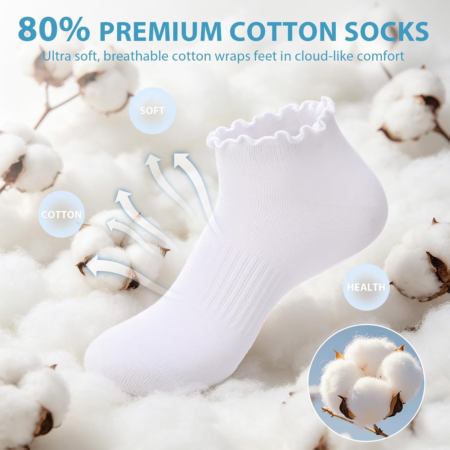 Women's No Show Socks, 8 Pairs Ruffle Ankle Socks Cute Cotton Low Cut Sock Non Slip Frilly Breathable Sock