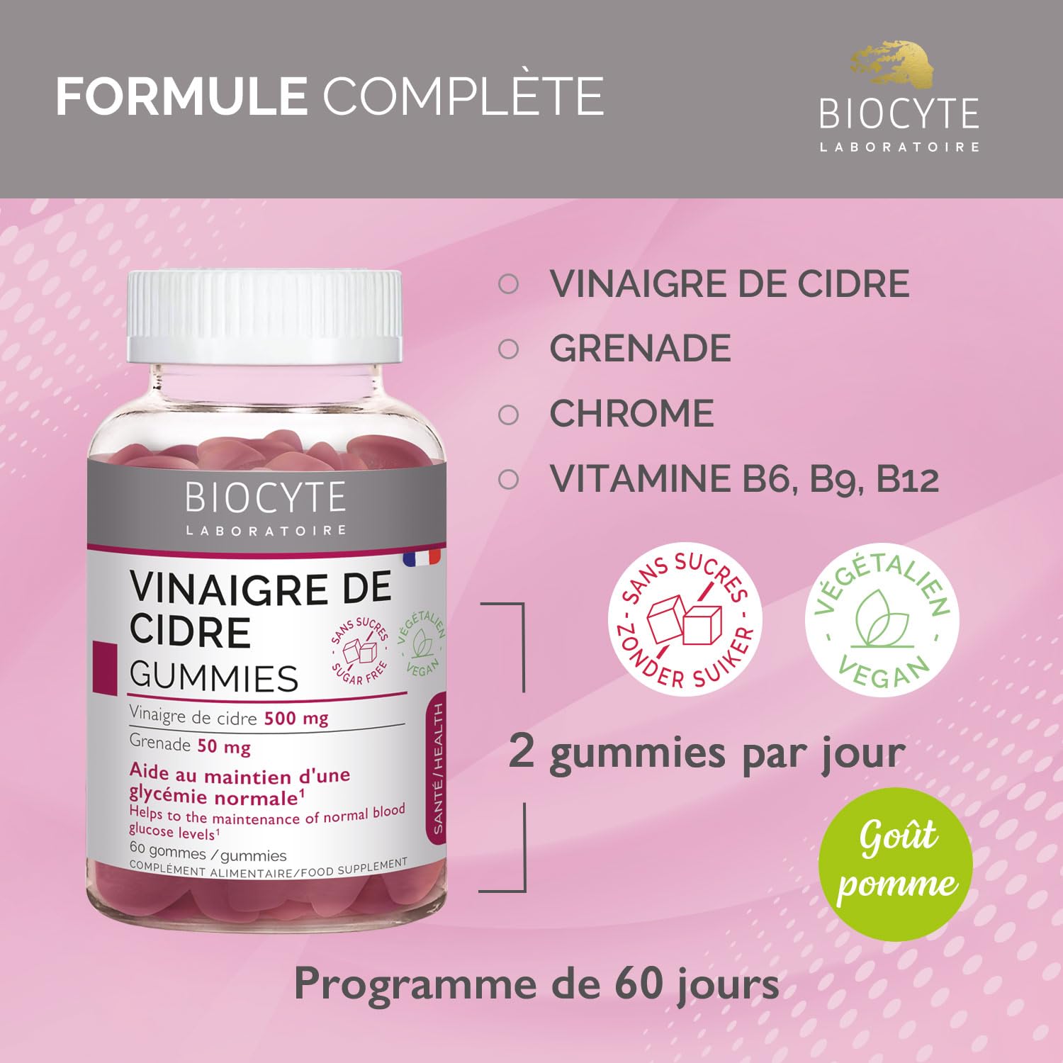 BIOCYTE Gummies Vinaigre de Cidre de Pomme - Complément alimentaire Digestion, Taux de Sucre - Vinaigre de Cidre, Grenade, Chrome, Vitamines B6, B9, B12 - Goût Pomme - 60 gummies - 30 jours de prise