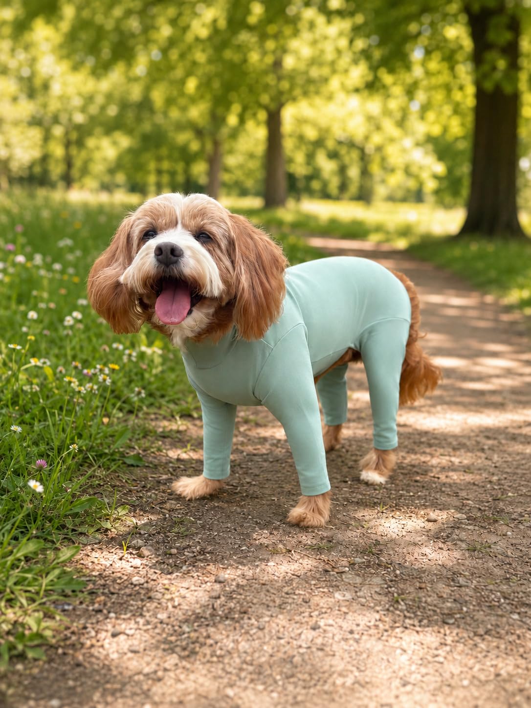Pet Wiz Lightweight Four-Leg Dog Suit, Stretch-Fit Walking Coverall, Helps Reduce Grass Seeds, Mud, Pollen & Debris in the Coat, Harness Compatible (Sage, M)