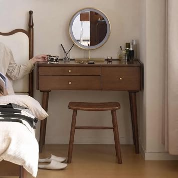 YESWOOD Dressing Table, Vanity Makeup Table, Multi-Functional Study Desk With Drawers, AA-Grade Rubber Wood Retro Storage Dresser In Walnut Finish For Bedroom Living Room Study Dressing Room