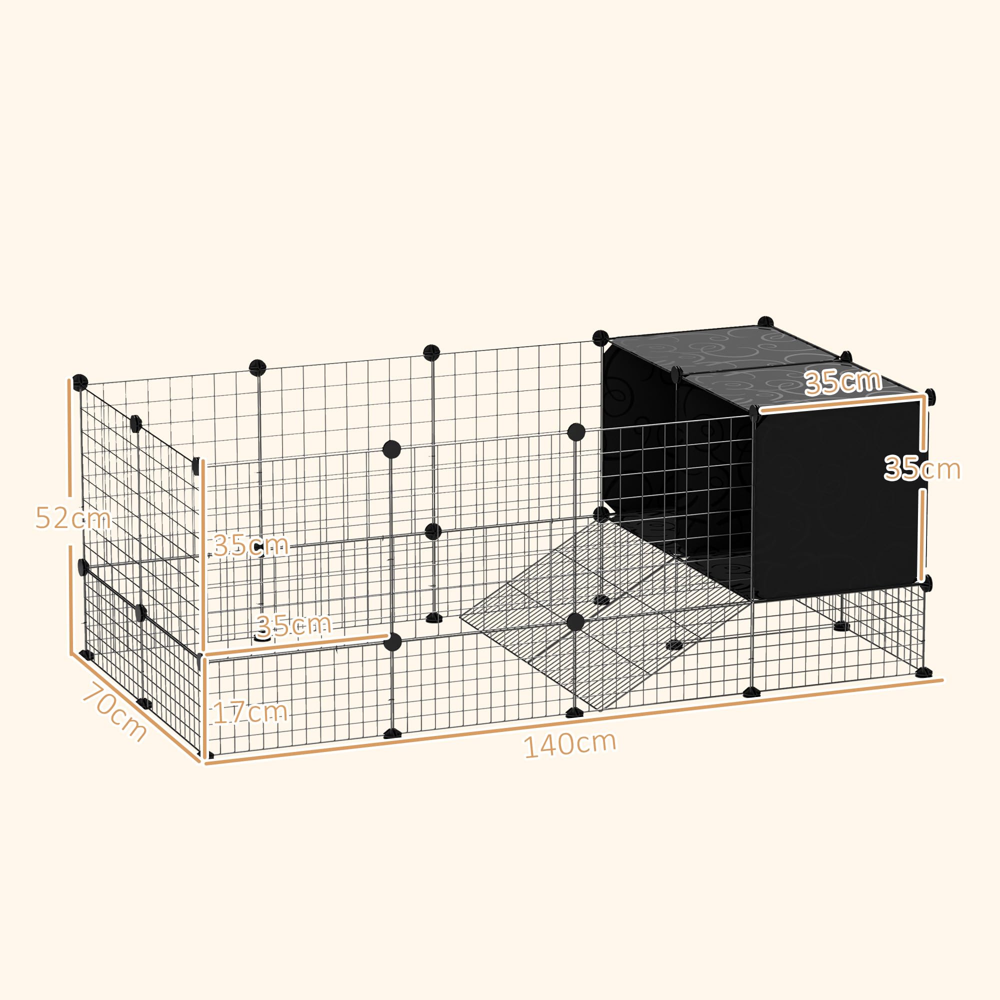 PawHut Enclos pour Petits Animaux, Cage à Lapin modulable, 31 Panneaux avec niches surélevées, Parc clôture pour Animaux domestiques intérieur pour cochons d'Inde, Lapins, hérissons, en Acier, Noir