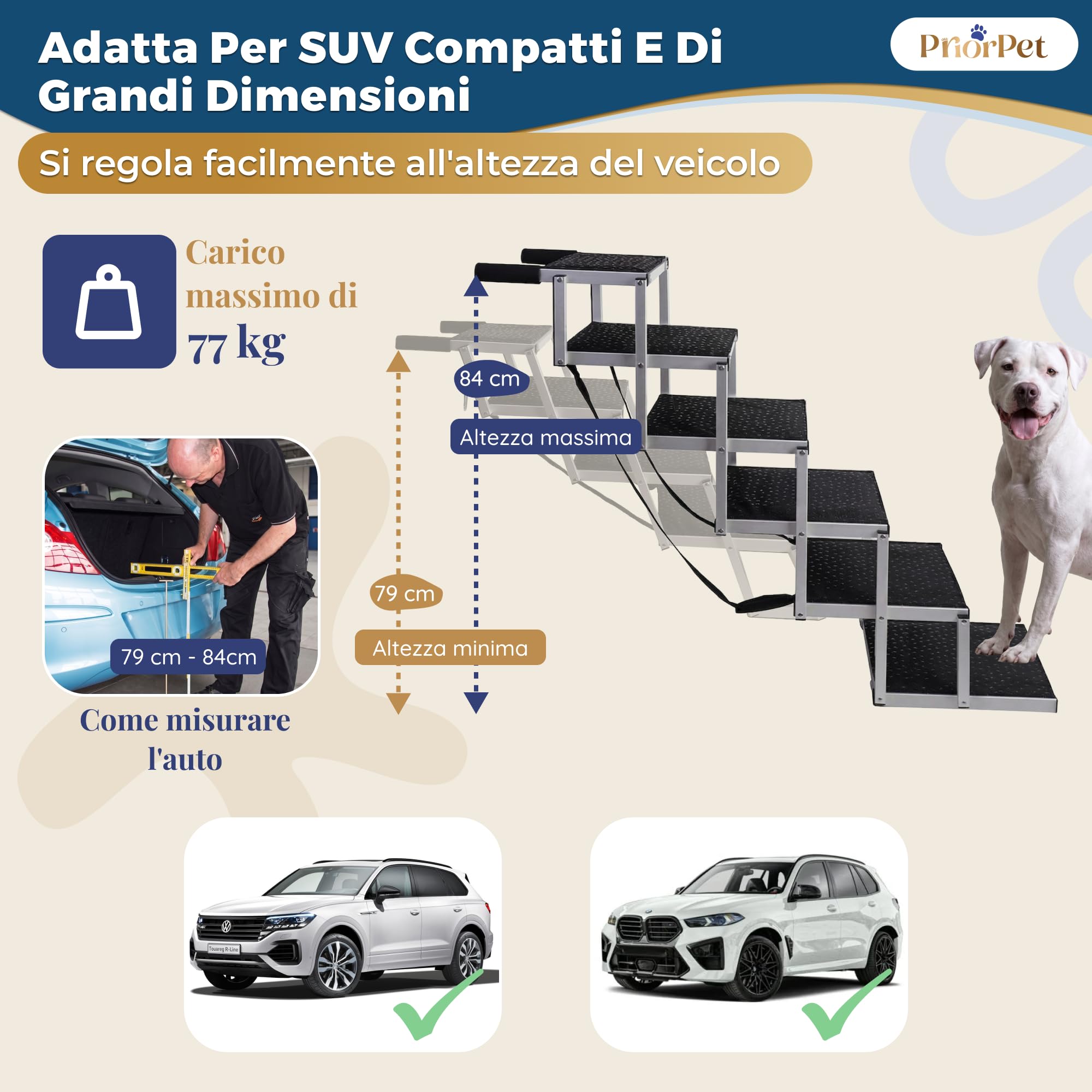 Scala per cani pieghevole per auto, 4, 5 o 6 gradini per altezze del bagagliaio da basse a alte (63-81 cm), per piccoli veicoli, station wagon e SUV, aiuto per cani di grandi dimensioni senza saltare