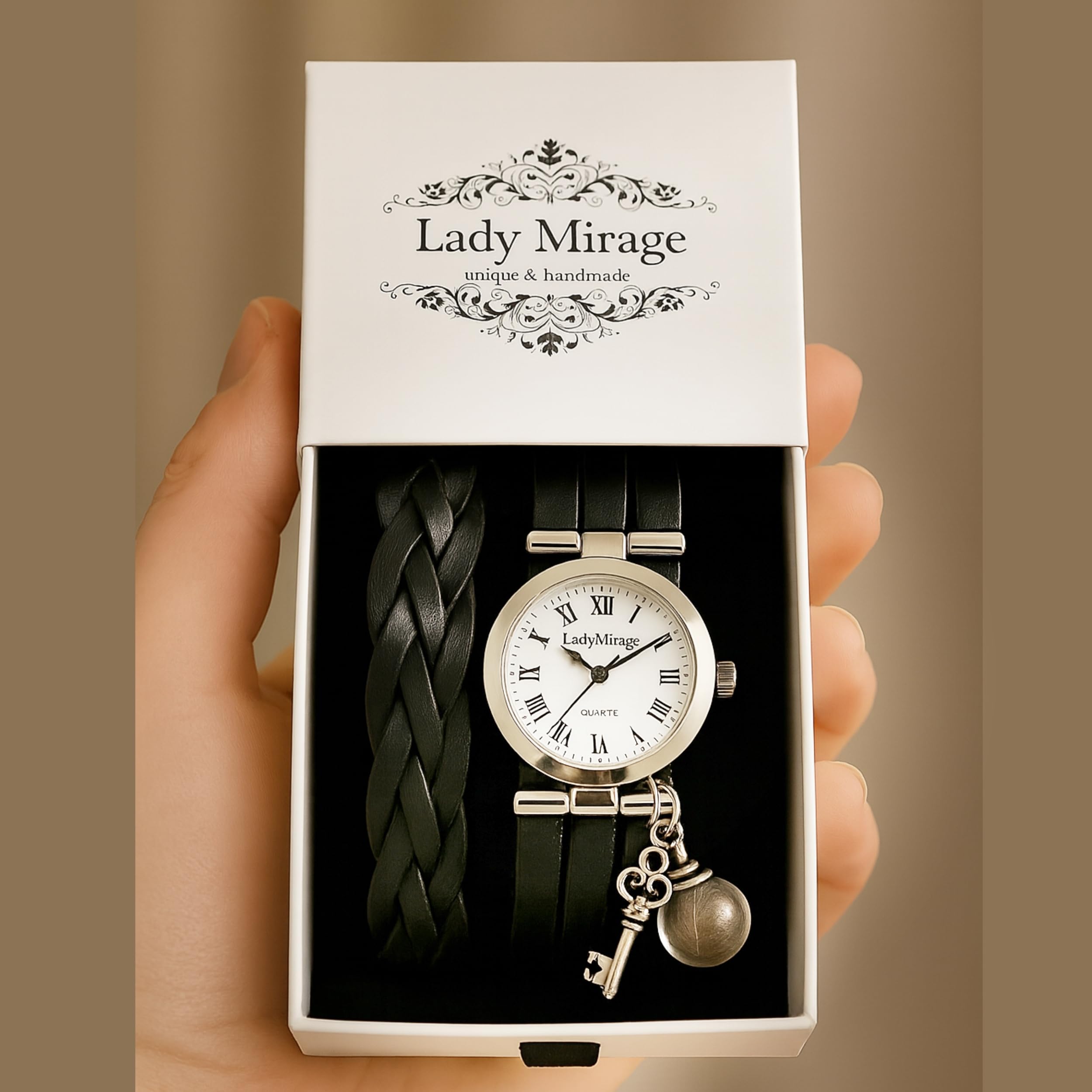 Lady Mirage - Echte Feder Echtleder Armbanduhr Damenuhr Wickeluhr - Geschenk für Sie - Handmade Geschenk - Geschenkidee für Freunden, Schwester, Geburtstag, Jahrestag, Weichnachten