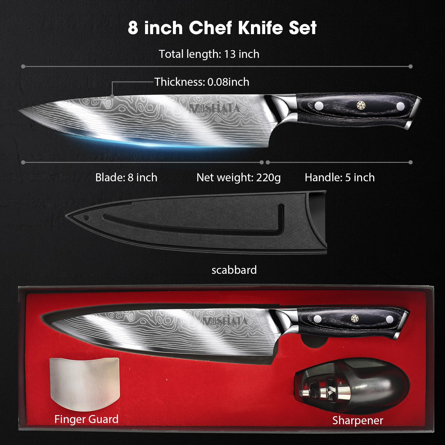 MOSFiATA 8" Super Sharp Professional Chef's Knife with Finger Guard and Knife Sharpener, German High Carbon Stainless Steel EN1.4116 with Micarta Handle and Gift Box — Amazon image 8