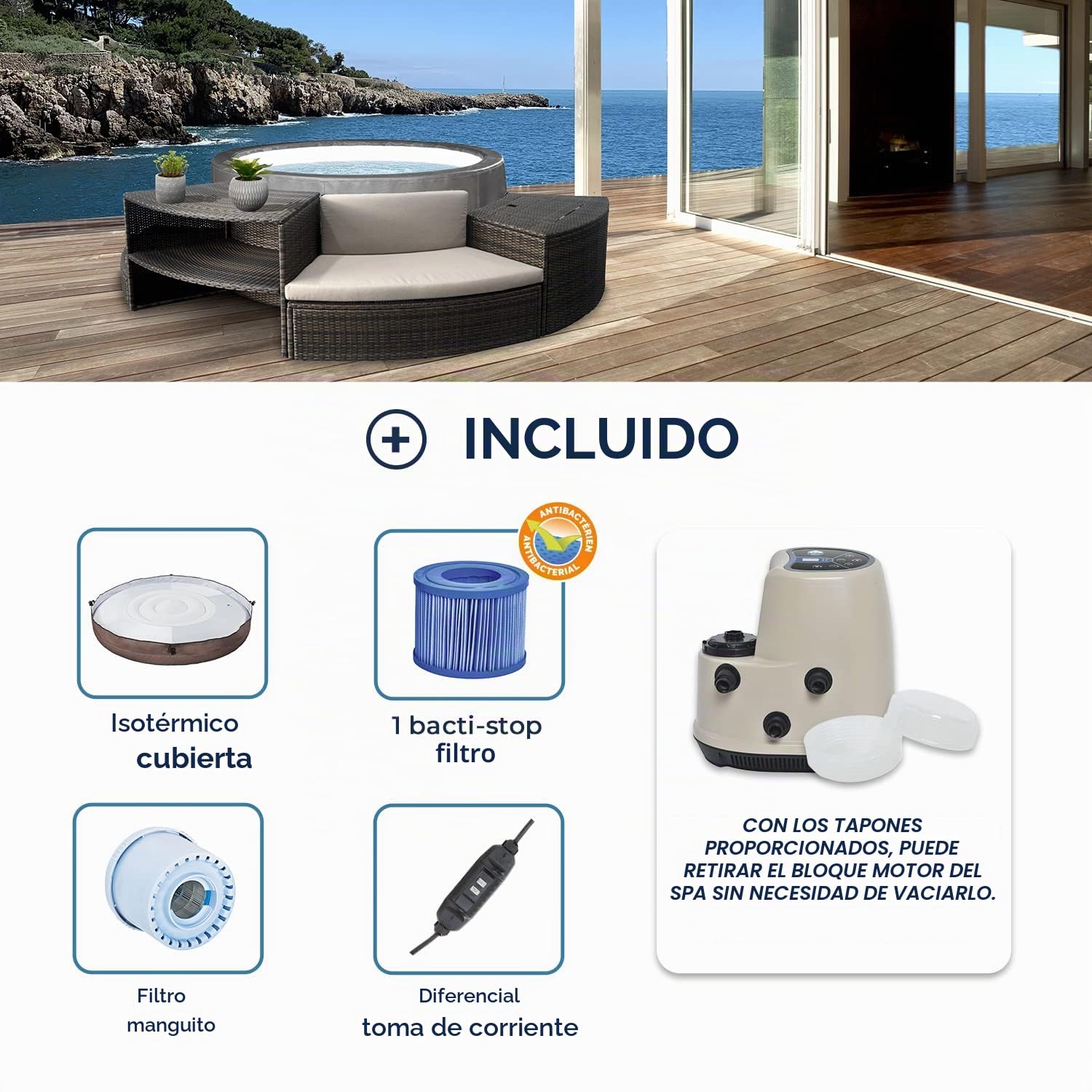 N NETSPA - SPA - Vita Premium - SP-VIP160C - Inflable - 6 plazas (4 Adultos + 2 niños) - Lona de protección - Calentador - 1100 L - Manta de Piel Premium