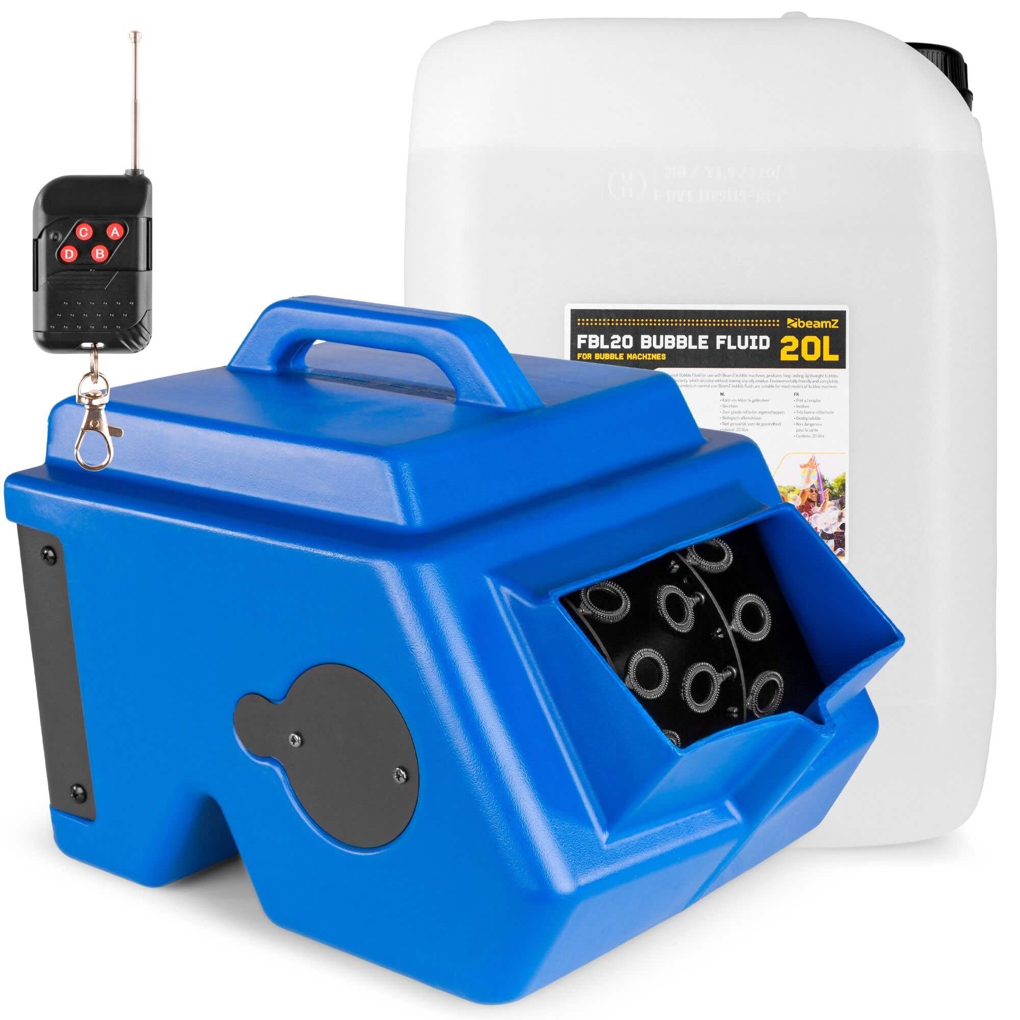 BeamZ B1500 máquina de burbujas profesional con 20L de líquido, doble rueda, 2 ventiladores, mando a distancia, depósito 2L, ideal para fiestas, espectáculos y animación