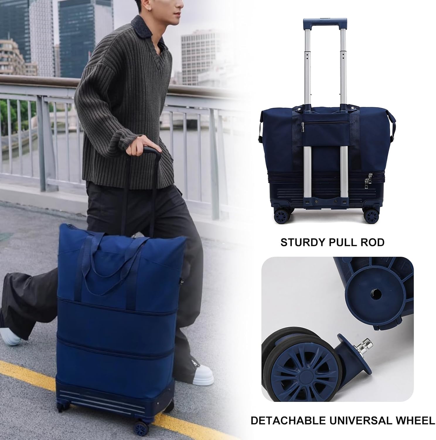 DOJUNS Rolling Duffle Bag with Detachable Wheels, 2025 Upgrade Expandable Foldable Suitcase for Travel, Collapsible Luggage Carry on Duffel Overnight Weekend Bag (Dark Blue) - Image 2