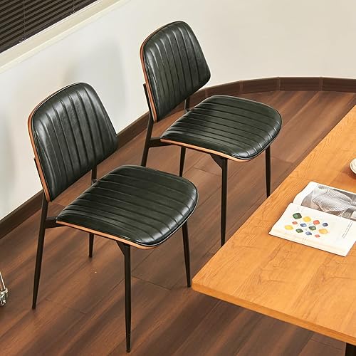 Mid Century Modern Dining Chairs Set of 2, Retro Chair with Faux Leather Upholstered Seat/Back & Metal Legs & Leg Protectors for Kitchen (Dark Green)