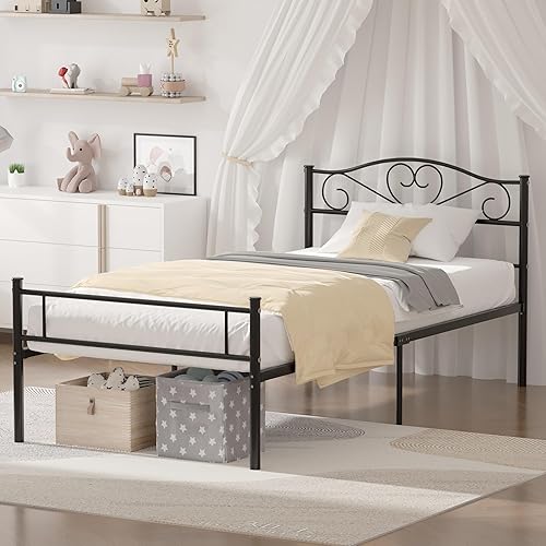 VECELO Base de cama de plataforma de metal tamaño Queen de 14 pulgadas con cabecero y estribo, base de colchón resistente con soporte de listones de