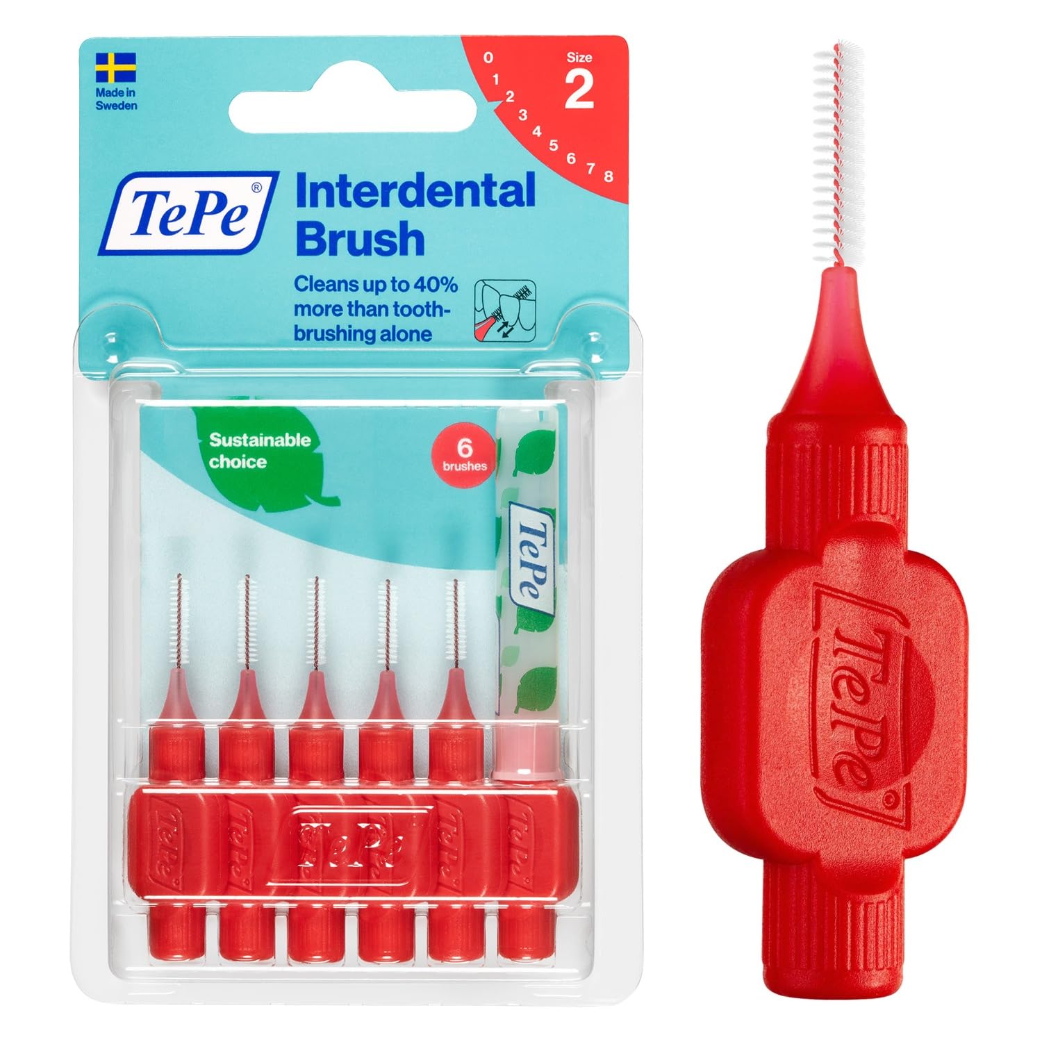TePe Interdental Brush Original, Soft Dental Brush for Teeth Cleaning, Pack of 6, 0.5 mm, Extra-Small/Small Gaps, Red, Size 2-image-4