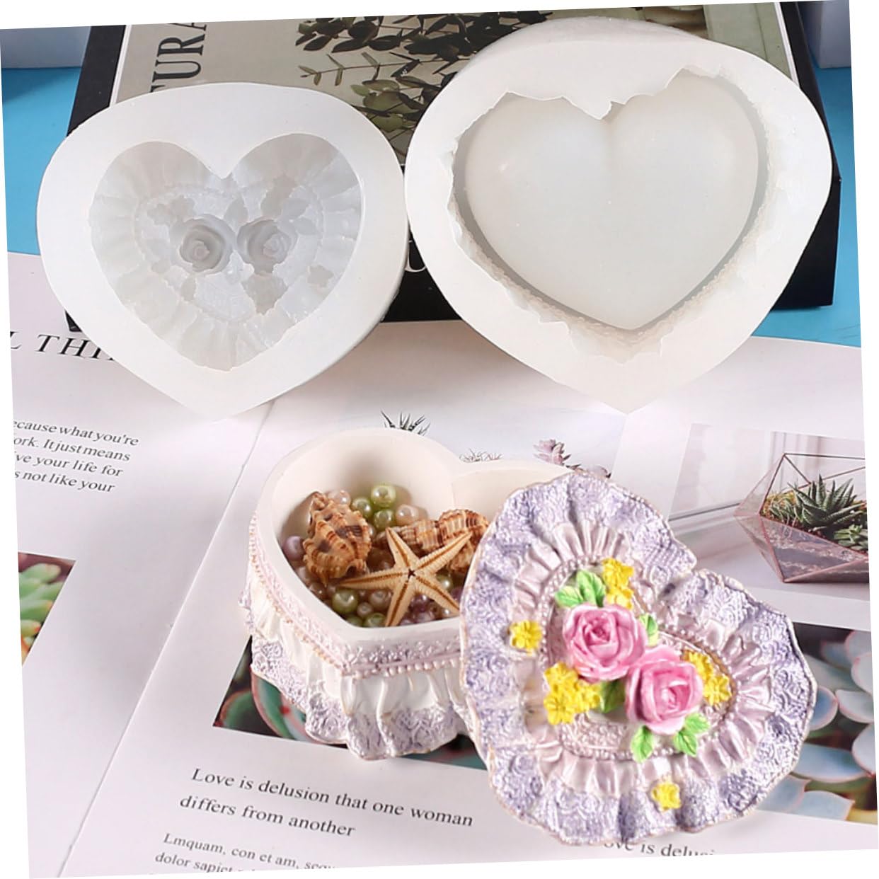 Operitacx Stampo in Silicone per Scatola Fai da Te a Forma di Cuore e Rosa, Materiale Resistente e Facile da Pulire, per Artigianato DIY e Creazioni Uniche