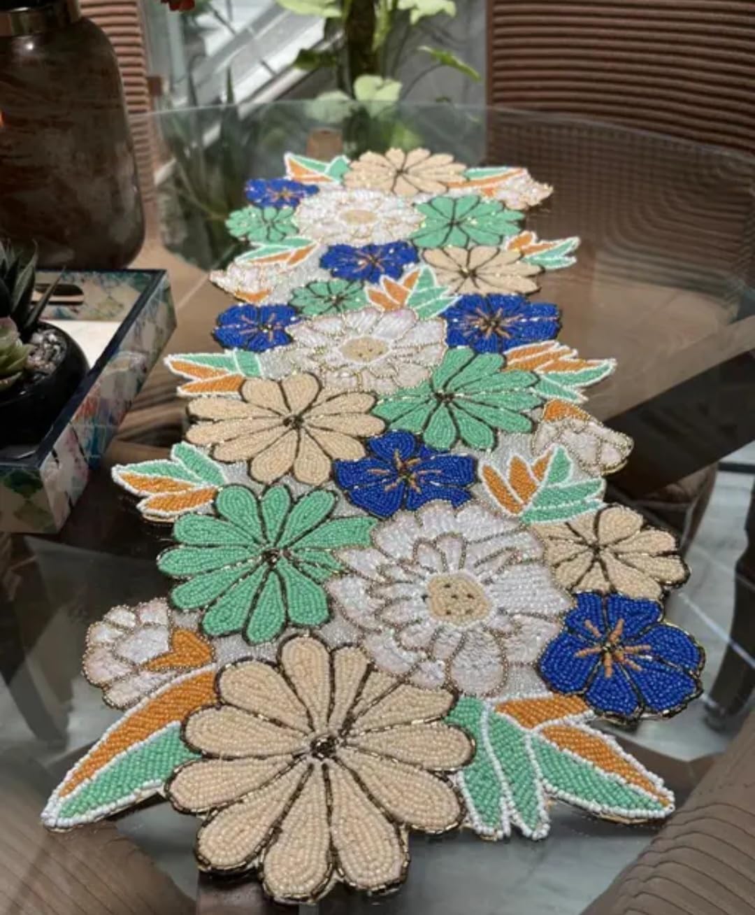 Beaded Floral Table Runner, Multicolor, Handcrafted Seed Bead, Flower Design, Boho Home Decor