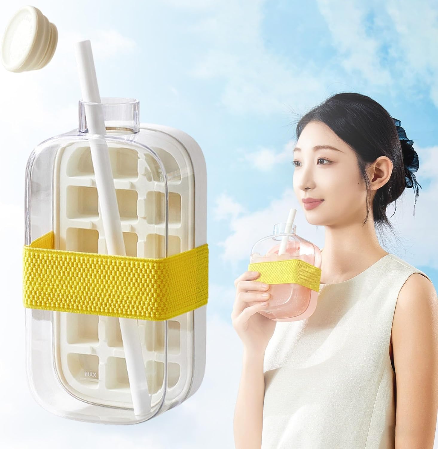 My Crush Cup,Ice Crush Cup,Ice Cube Bottle With Straw,Flexible Silicone Ice Molds Stick Ice Cube Water Bottle With Lid And Bin, Easy Press To Release Vertical Ice Cube Tray For Freezer(500ML,Wh