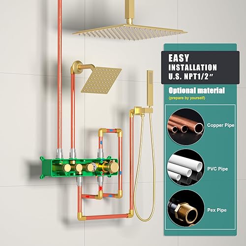 Miniatura 9 de Enga Ducha de lluvia de 16 pulgadas con chorros, sistema de ducha termostático con rociadores corporales, grifo de ducha de metal, todos los