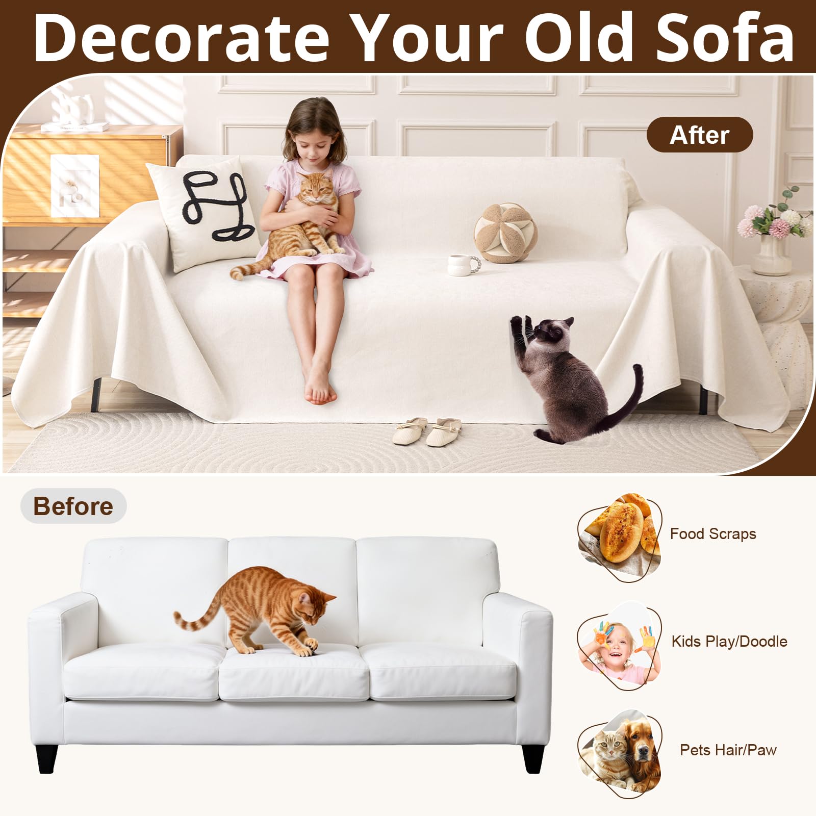 Royhom Telo Copridivano 2 Posti, Impermeabile Copridivano Antigraffio Gatto, Telo Impermeabile Divano con Base Antiscivolo, Ideale per Cani, Gatti e Bambini(Bianco, 180x340 cm)