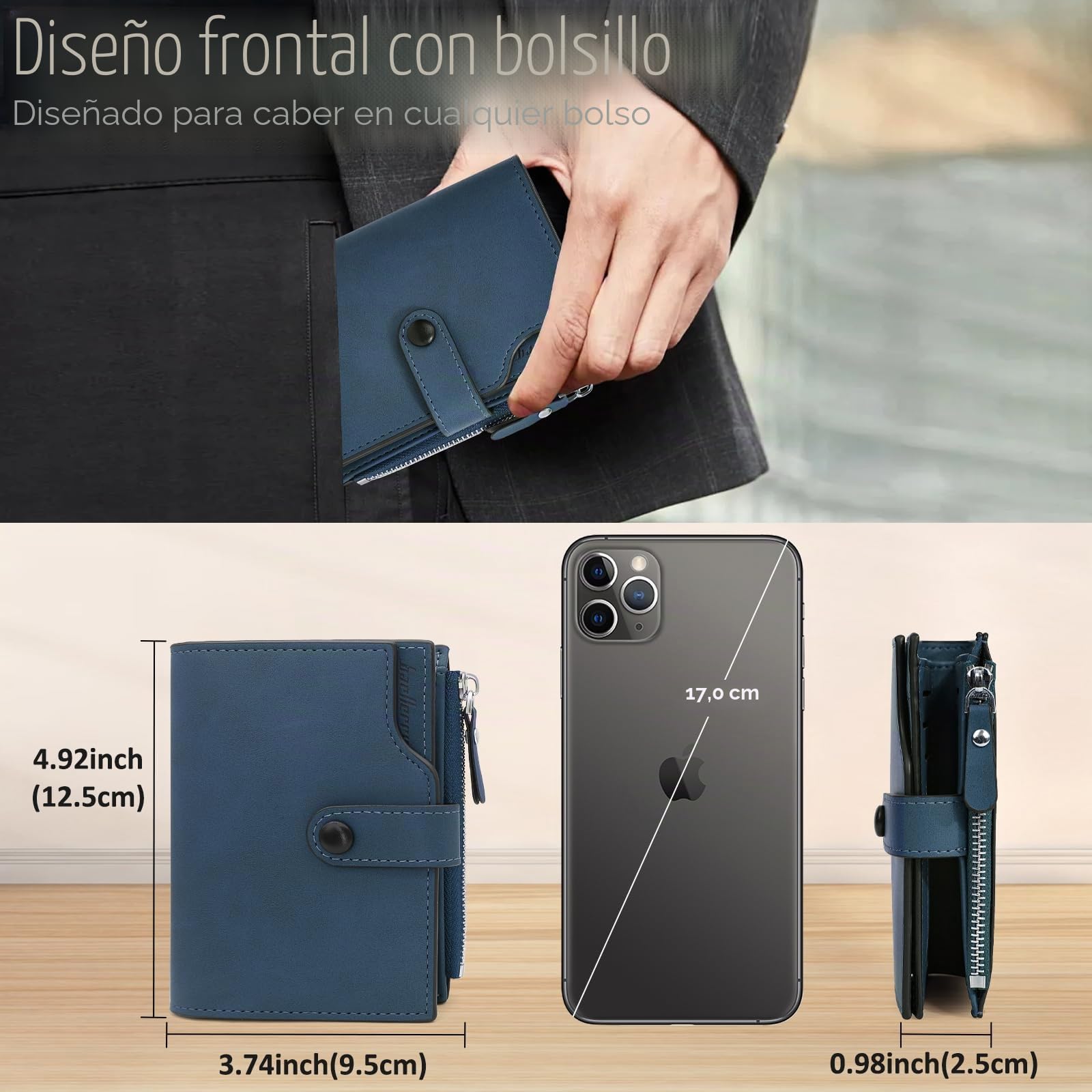 HNOOM Cartera para Hombre con Bloqueo RFID Billeteras con 17 Ranuras Monedero con Cremallera | Regalo Ideal para Hombres | Protección Antirrobo | Cartera Pequeña y Funcional (Azul)