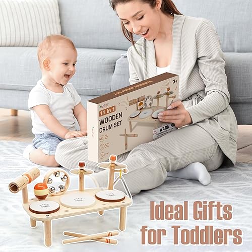 Miniatura 6 de Juego de batería para niños, juguetes Montessori para niños de 2 años, regalos de cumpleaños, instrumentos musicales de madera 11 en 1 para niños