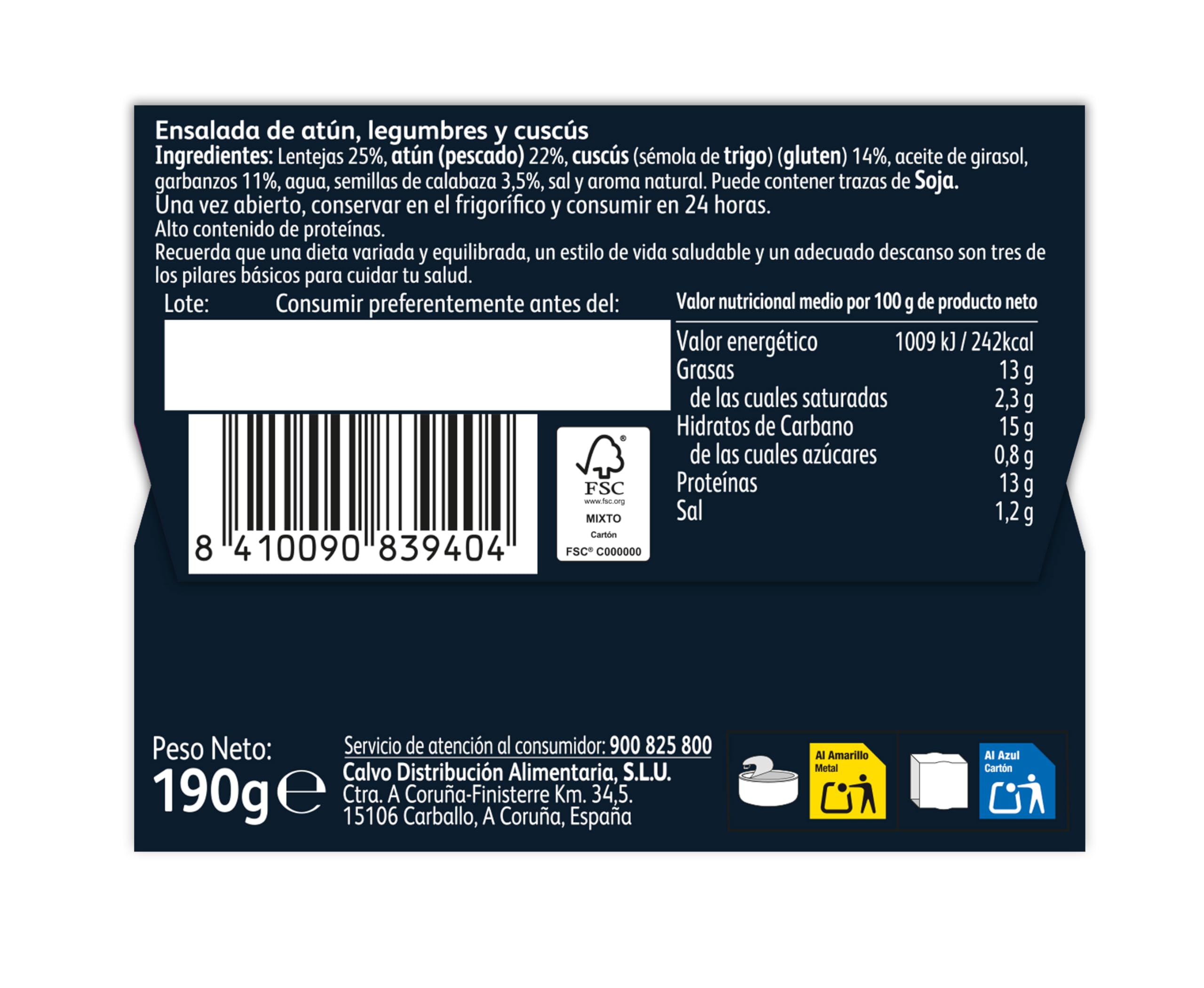 Calvo Ensalada +PRO Atún, Legumbres y Cous Cous 190g