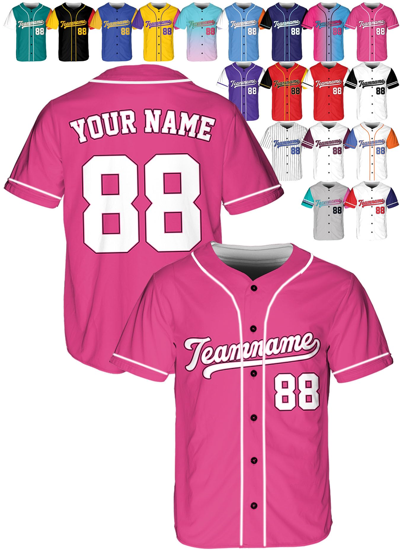 Custom Baseball Jerseys - Personalized Softball Shirts for Men, Women, Boys, and Girls - Customized Team Uniforms for Sports Fans, Teams, Events, Gifts - Add Your Name, Number, Logo Pink/White
